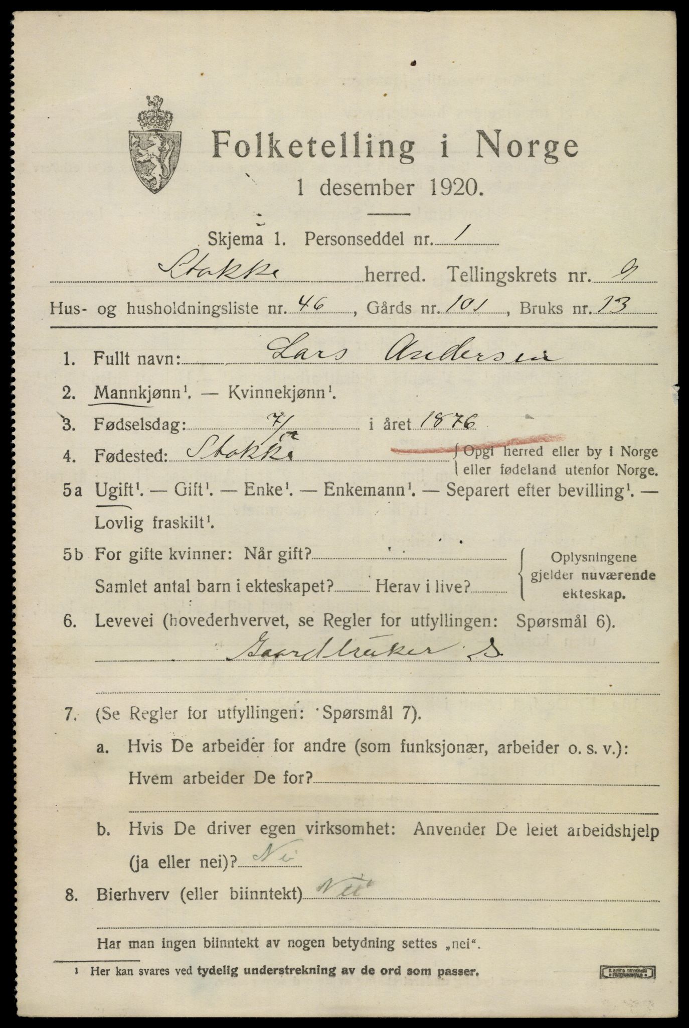 SAKO, 1920 census for Stokke, 1920, p. 10914