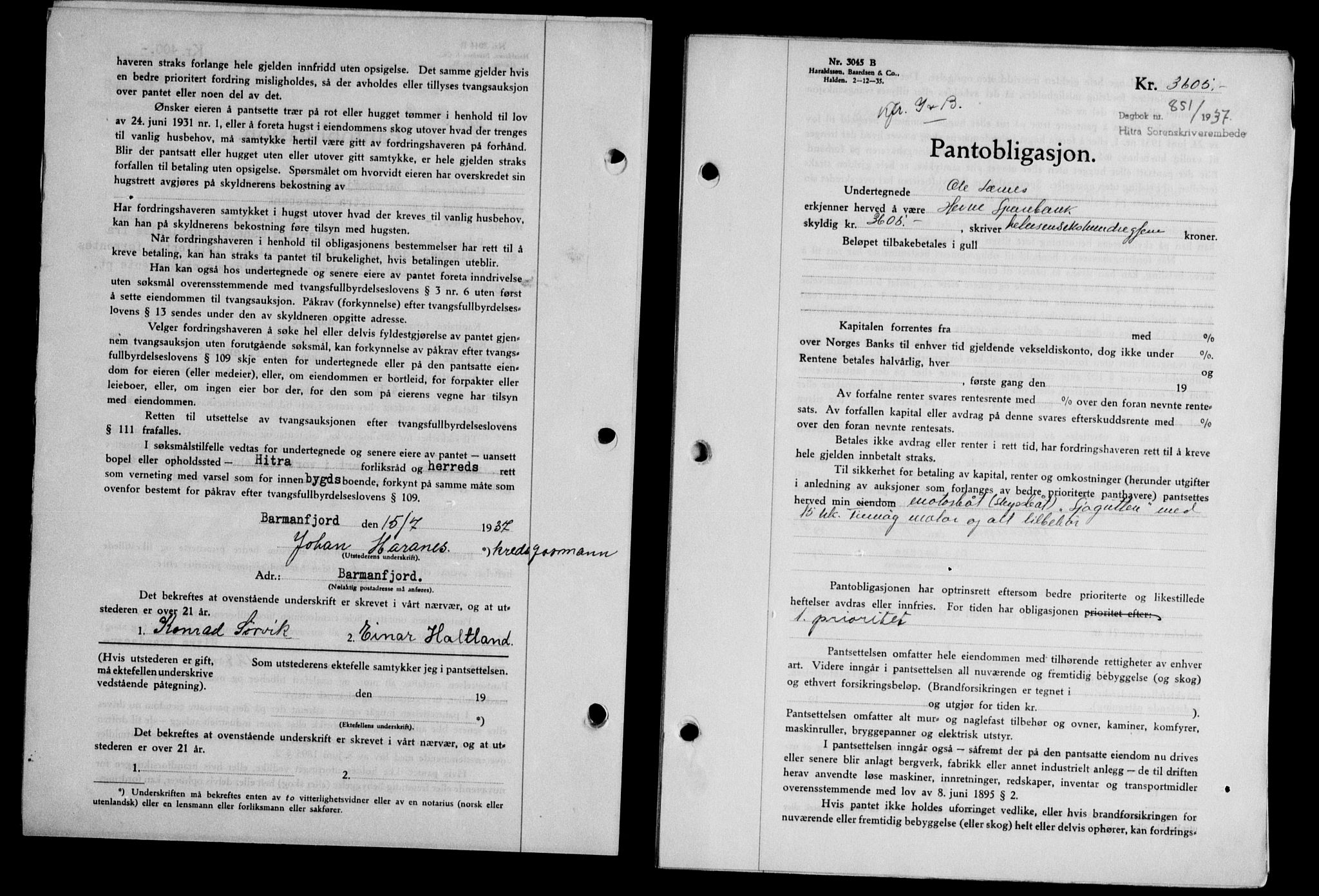 Hitra sorenskriveri, AV/SAT-A-0018/2/2C/2Ca/L0028: Mortgage book no. B-1, 1936-1939, Diary no: : 851/1937