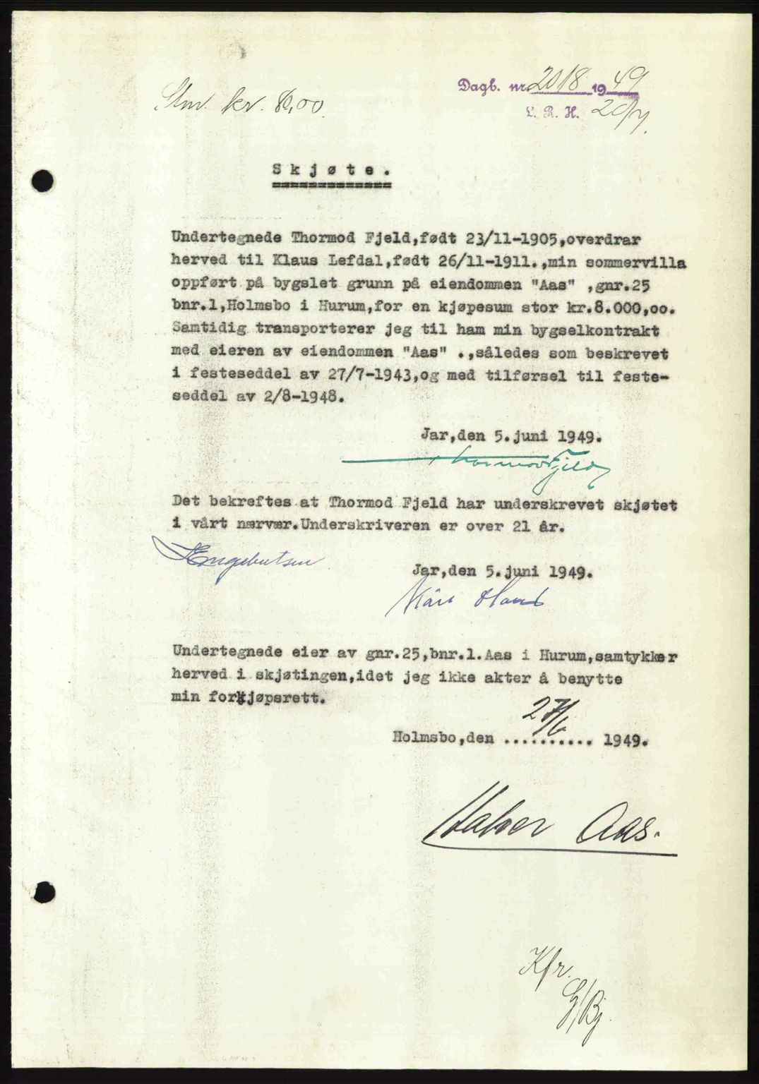 Lier, Røyken og Hurum sorenskriveri, AV/SAKO-A-89/G/Ga/Gab/L0101: Mortgage book no. 101, 1949-1949, Diary no: : 2018/1949