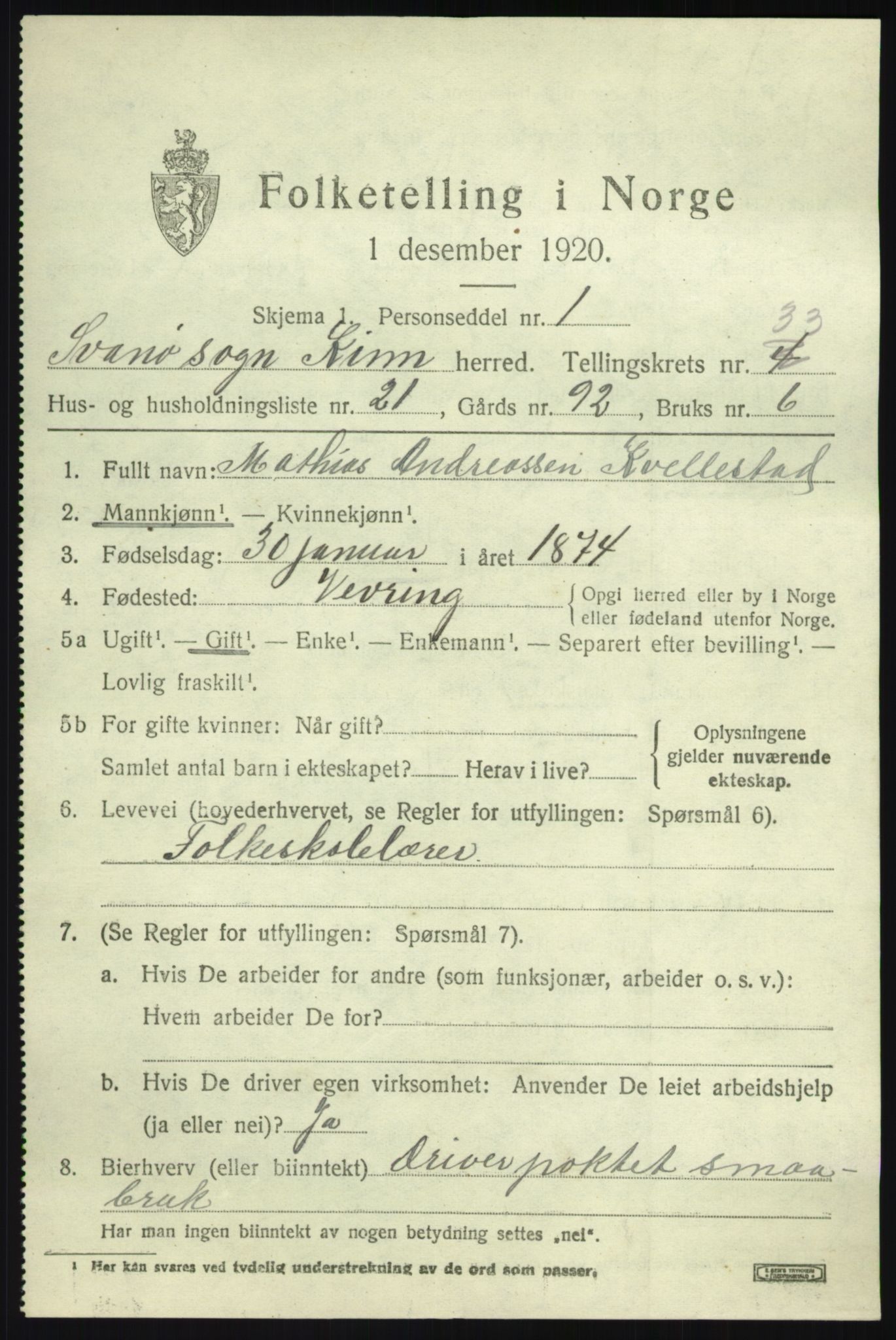 SAB, 1920 census for Kinn, 1920, p. 11129