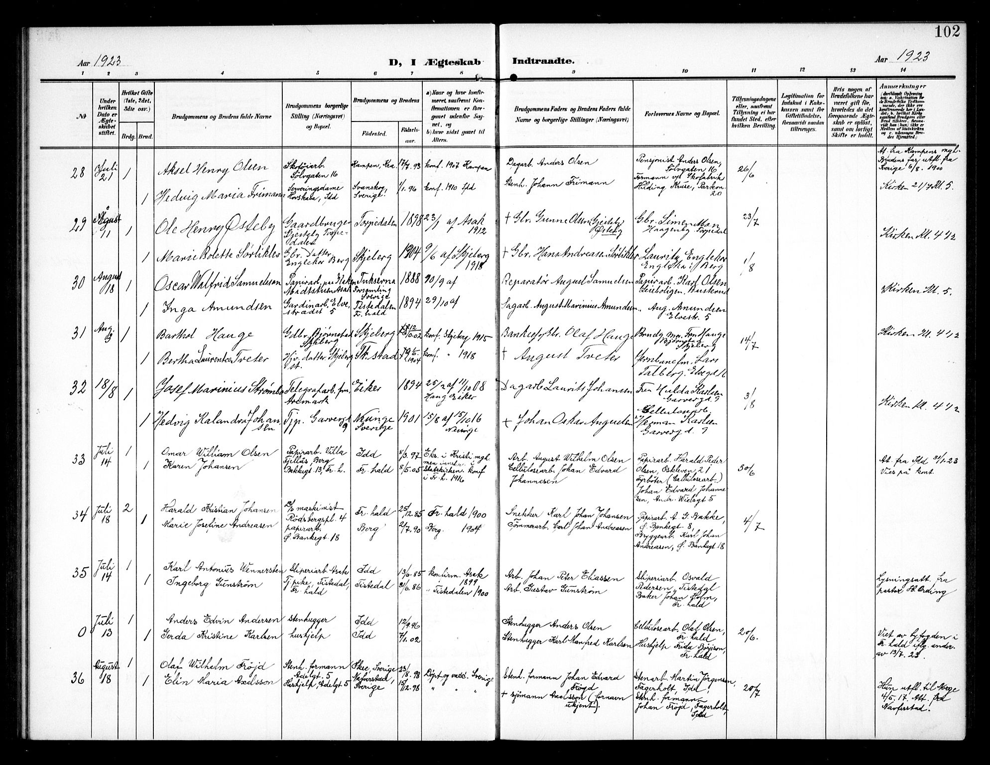 Halden prestekontor Kirkebøker, SAO/A-10909/G/Ga/L0011: Parish register (copy) no. 11, 1906-1934, p. 102