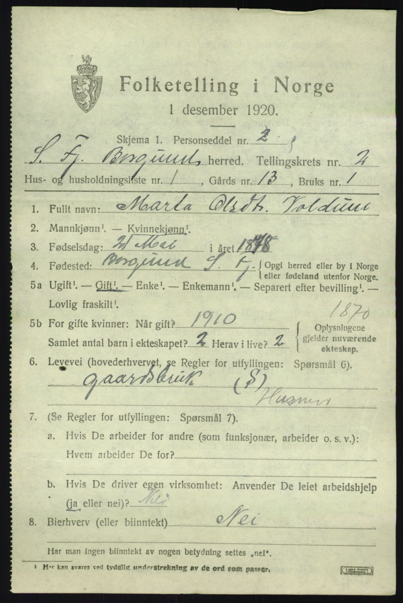 SAB, 1920 census for Borgund, 1920, p. 722