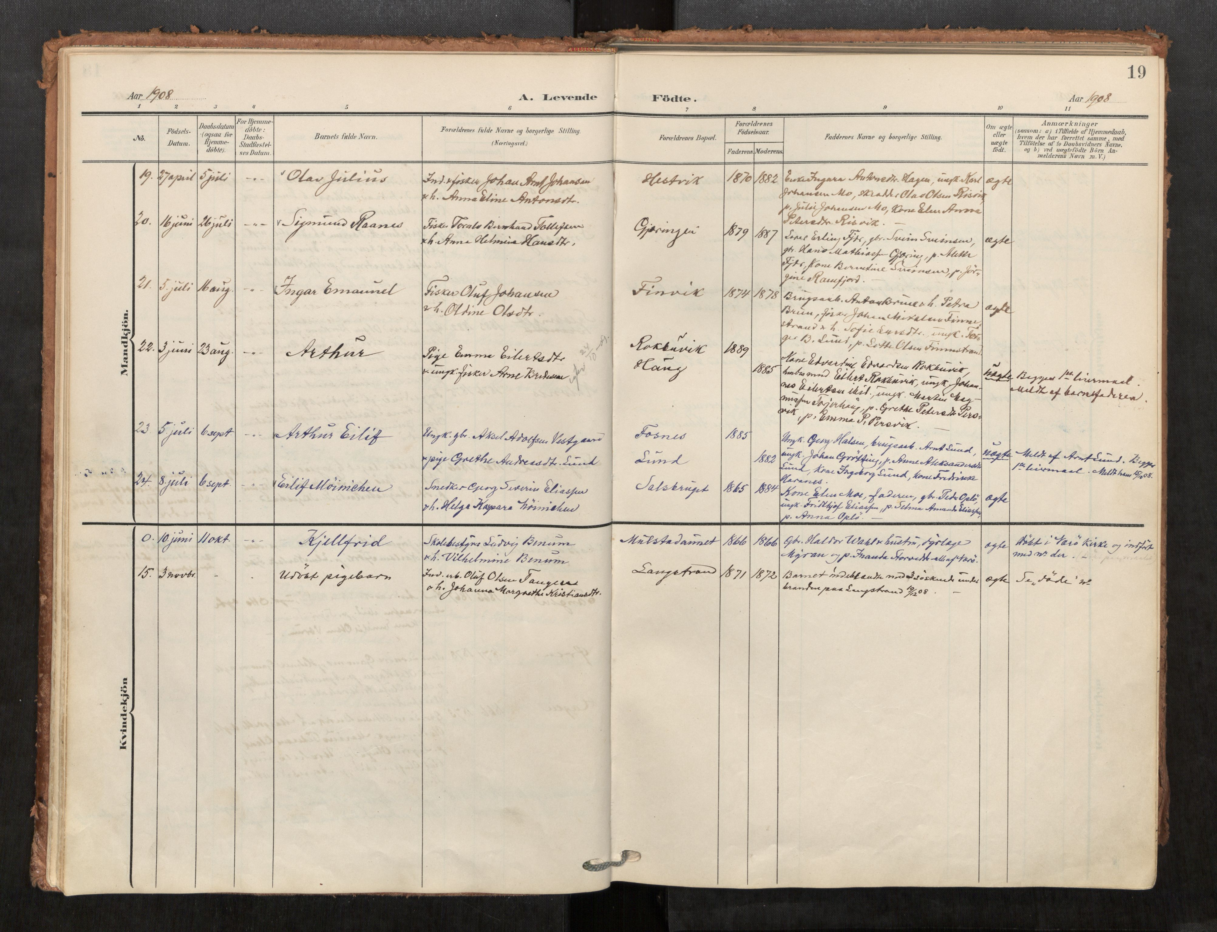 Kolvereid sokneprestkontor, AV/SAT-A-1171/H/Ha/Haa/L0001: Parish register (official) no. 1, 1903-1922, p. 19