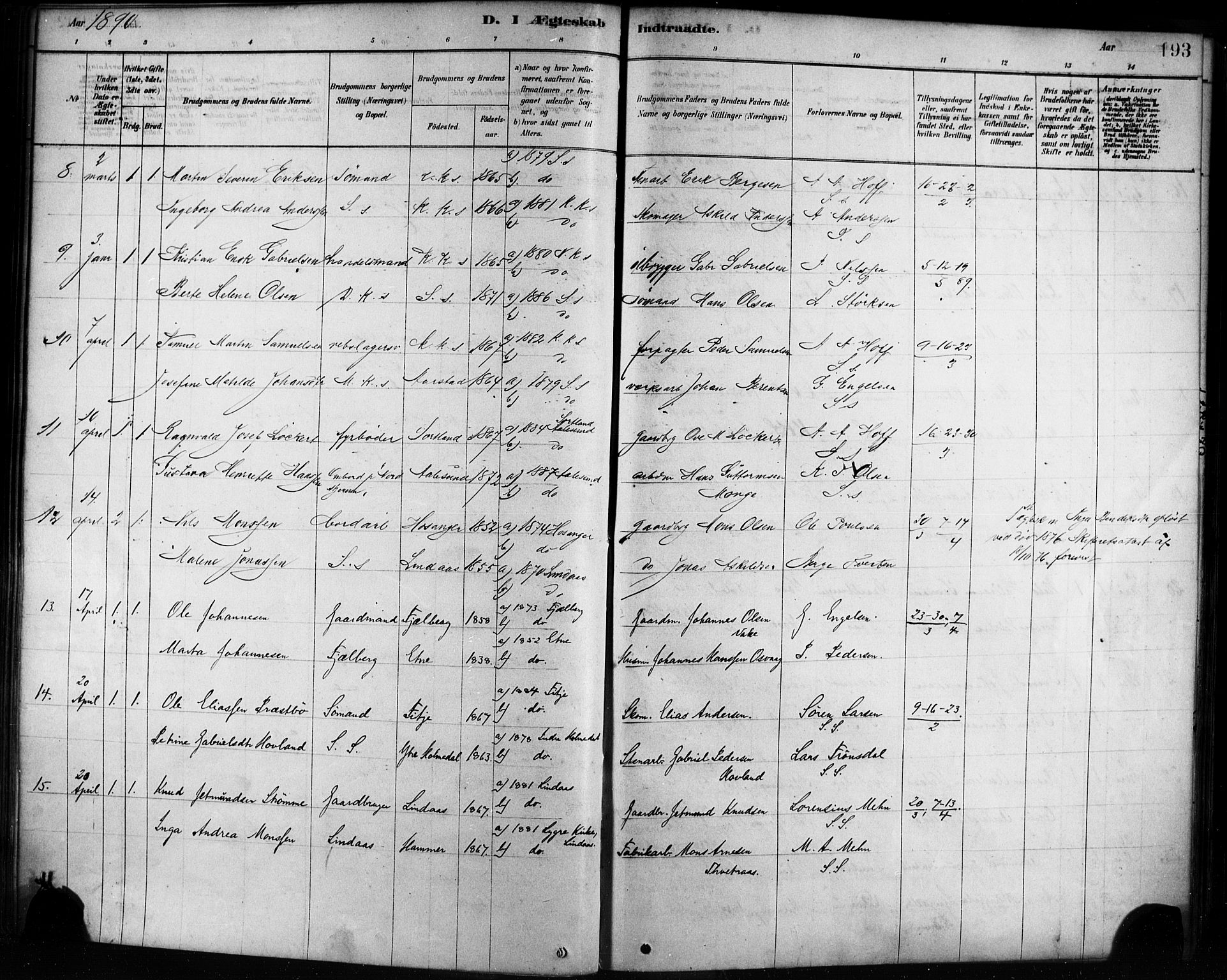 Sandviken Sokneprestembete, AV/SAB-A-77601/H/Ha/L0002: Parish register (official) no. A 2, 1878-1896, p. 193