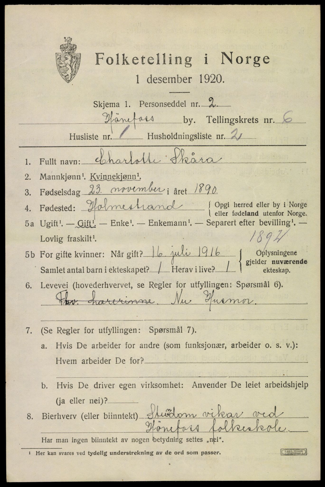 SAKO, 1920 census for Hønefoss, 1920, p. 6968