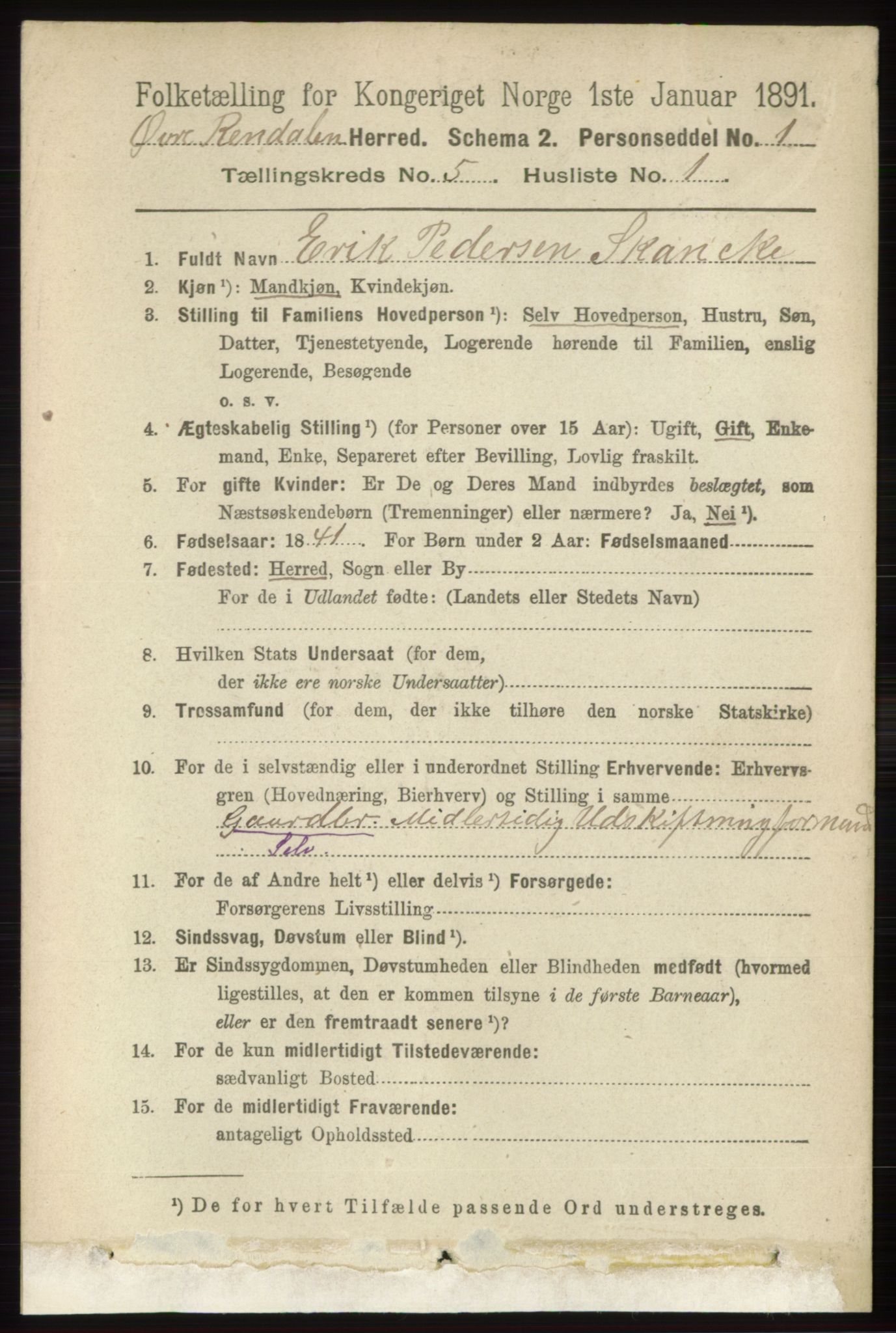 RA, 1891 census for 0433 Øvre Rendal, 1891, p. 1308