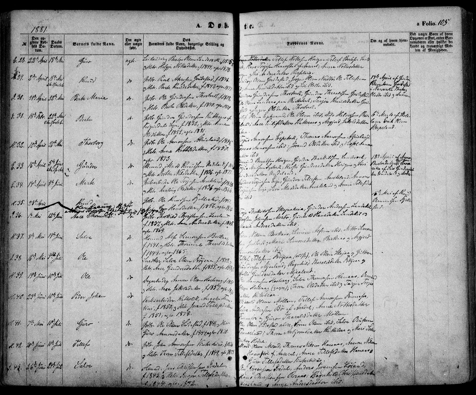 Evje sokneprestkontor, AV/SAK-1111-0008/F/Fa/Faa/L0006: Parish register (official) no. A 6, 1866-1884, p. 105