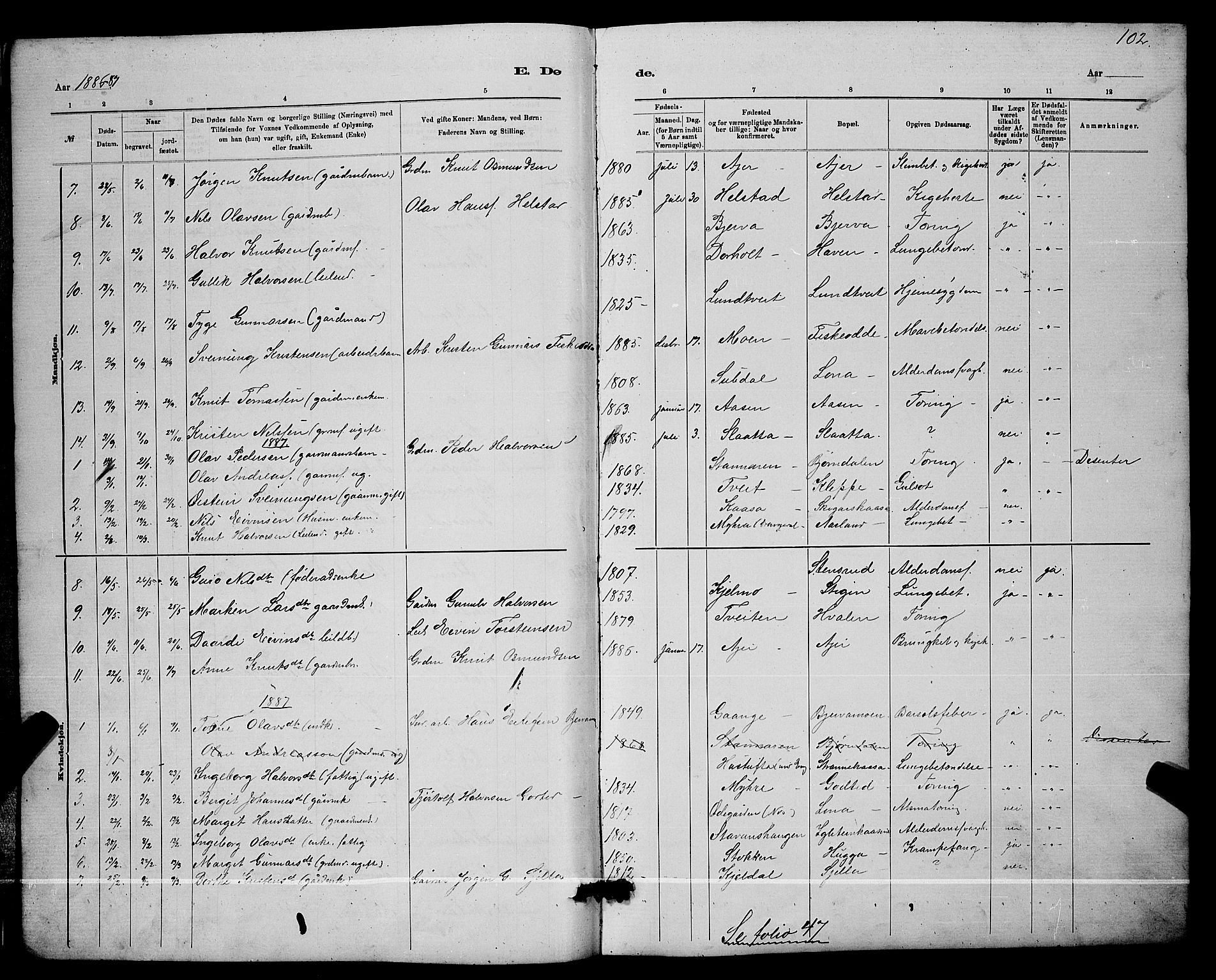 Lunde kirkebøker, SAKO/A-282/G/Ga/L0001b: Parish register (copy) no. I 1, 1879-1887, p. 102