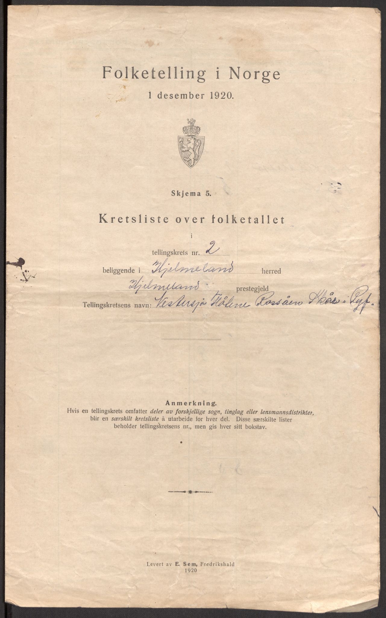 SAST, 1920 census for Hjelmeland, 1920, p. 20