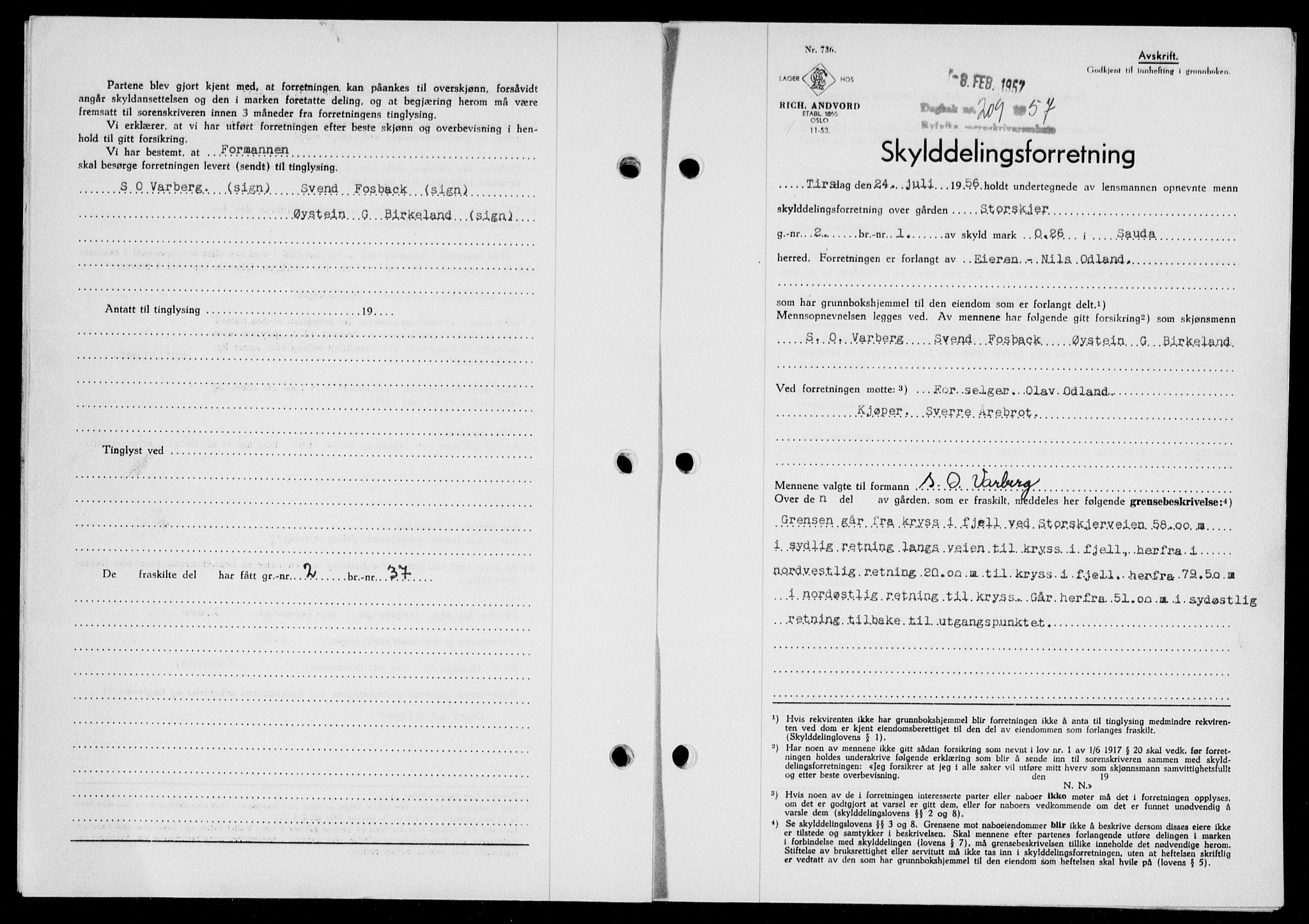 Ryfylke tingrett, SAST/A-100055/001/II/IIB/L0135: Mortgage book no. 114, 1956-1957, Diary no: : 209/1957