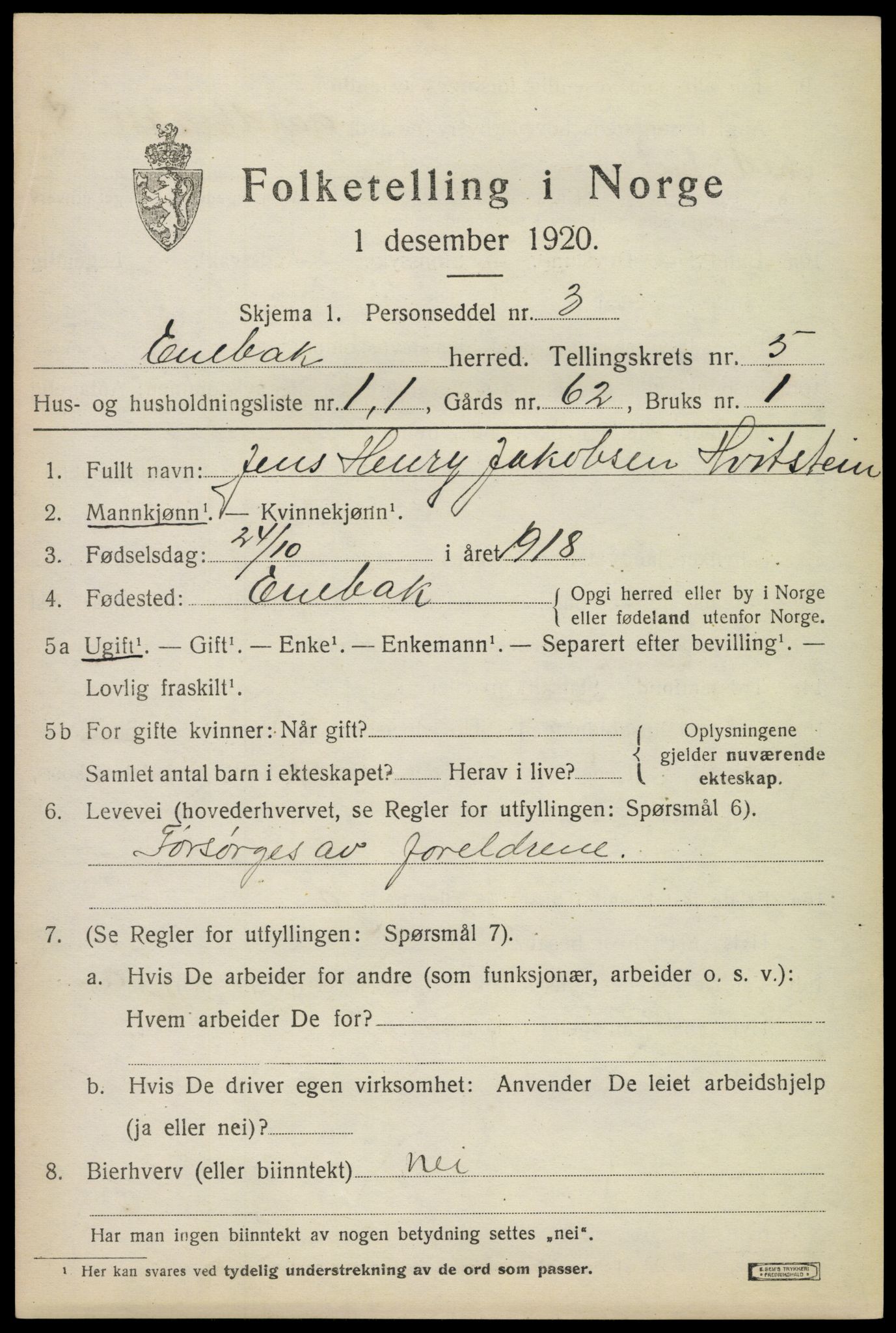 SAO, 1920 census for Enebakk, 1920, p. 4057