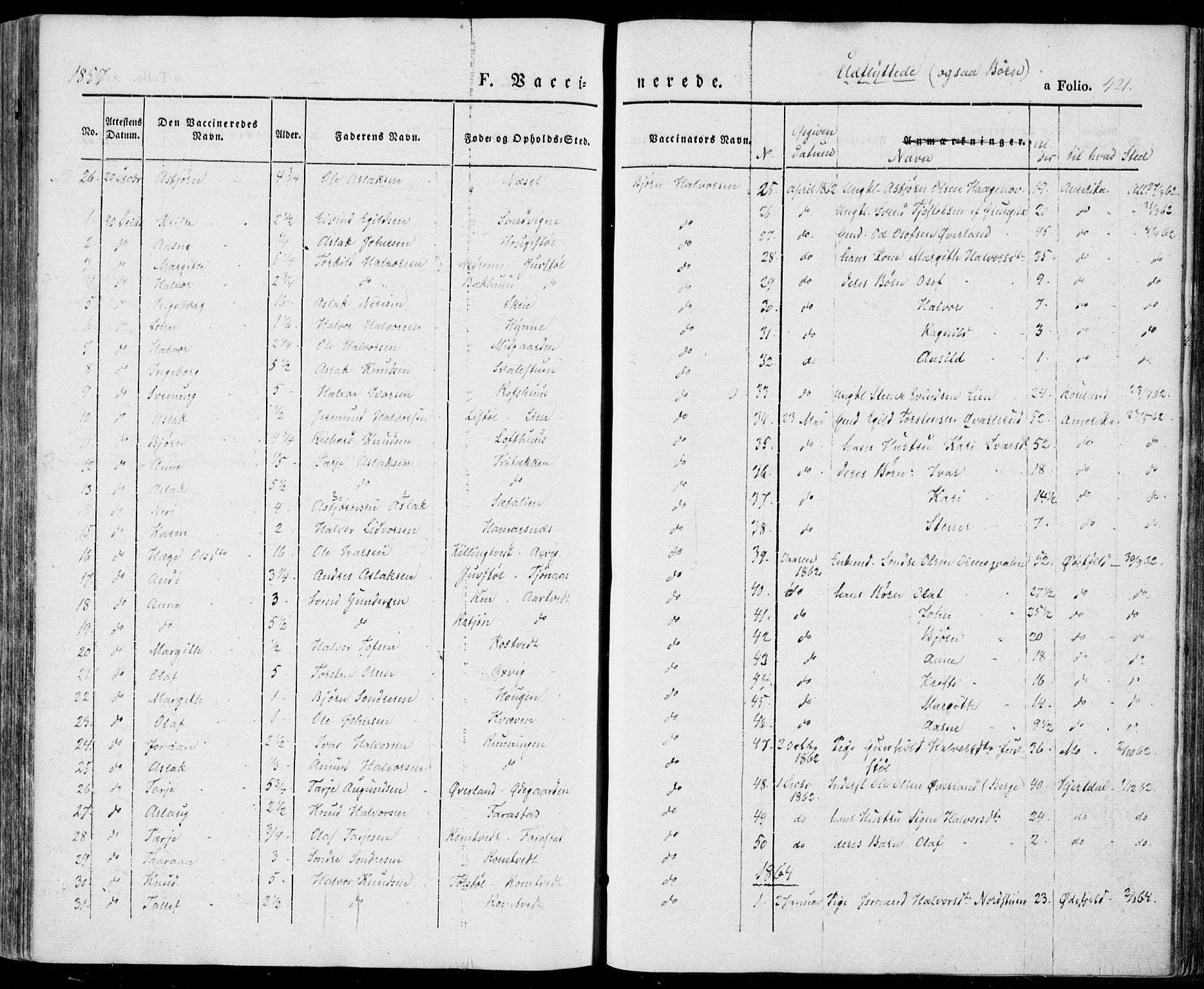 Vinje kirkebøker, SAKO/A-312/F/Fa/L0004: Parish register (official) no. I 4, 1843-1869, p. 421
