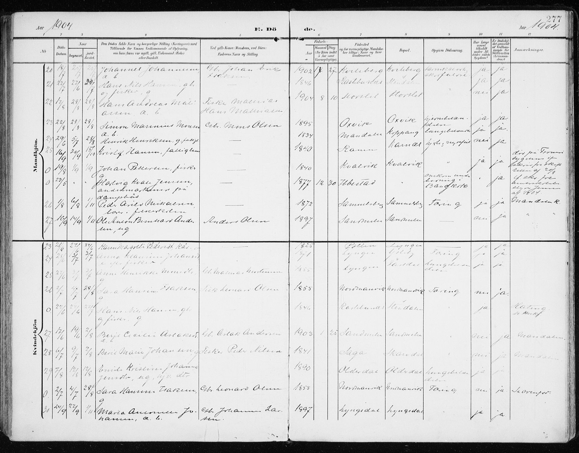 Lyngen sokneprestembete, AV/SATØ-S-1289/H/He/Hea/L0011kirke: Parish register (official) no. 11, 1903-1913, p. 277