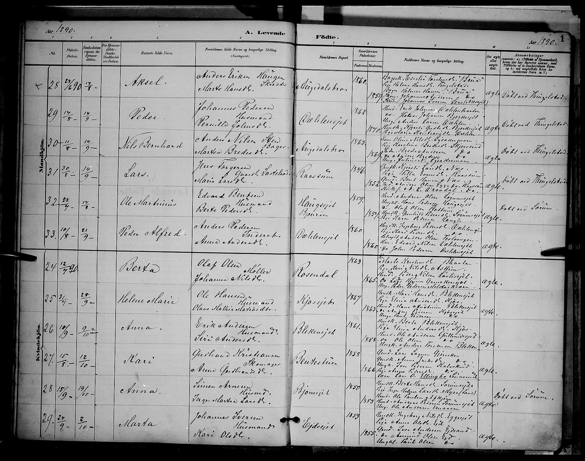Gran prestekontor, SAH/PREST-112/H/Ha/Hab/L0004: Parish register (copy) no. 4, 1890-1899, p. 1
