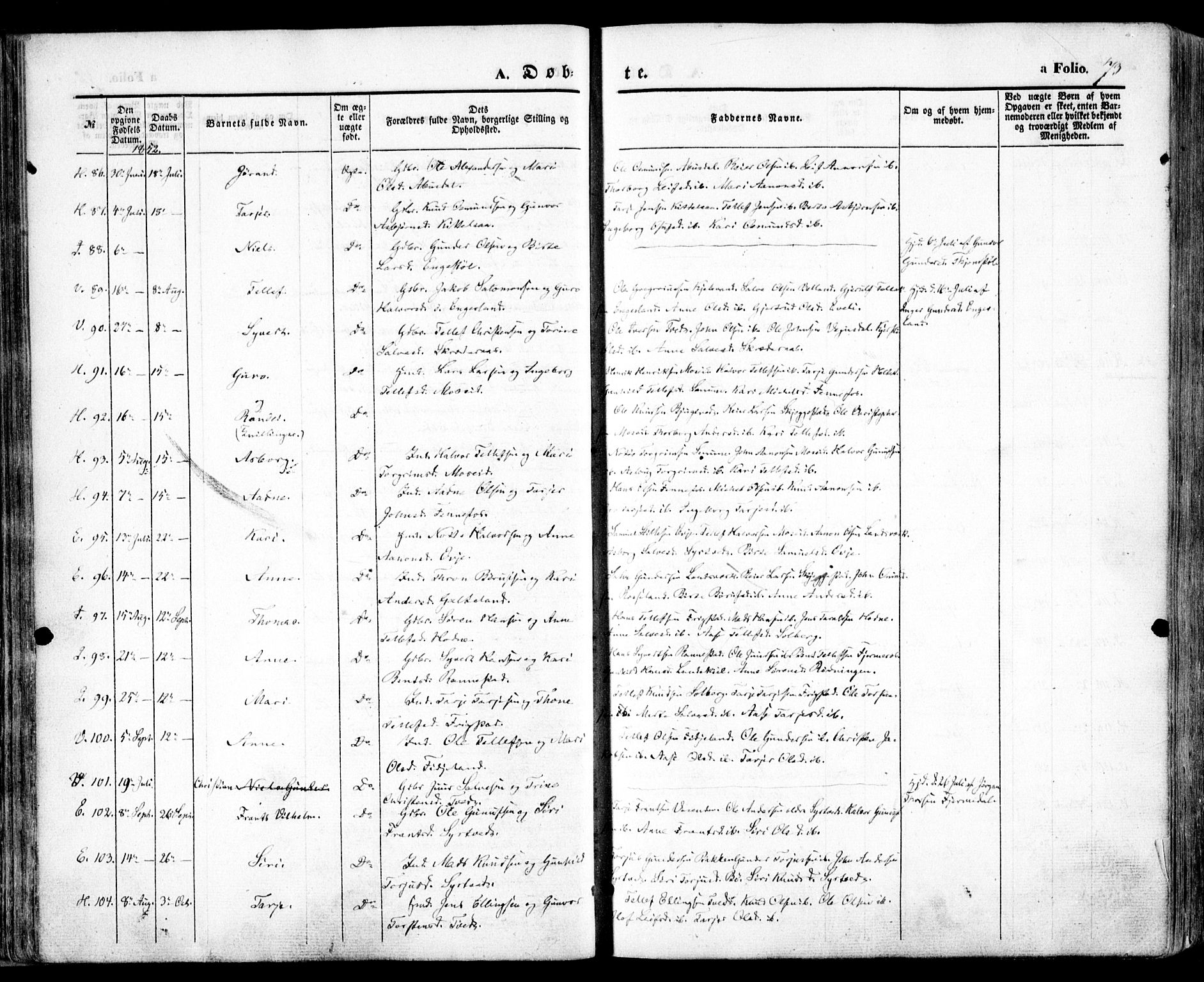 Evje sokneprestkontor, AV/SAK-1111-0008/F/Fa/Faa/L0005: Parish register (official) no. A 5, 1843-1865, p. 73