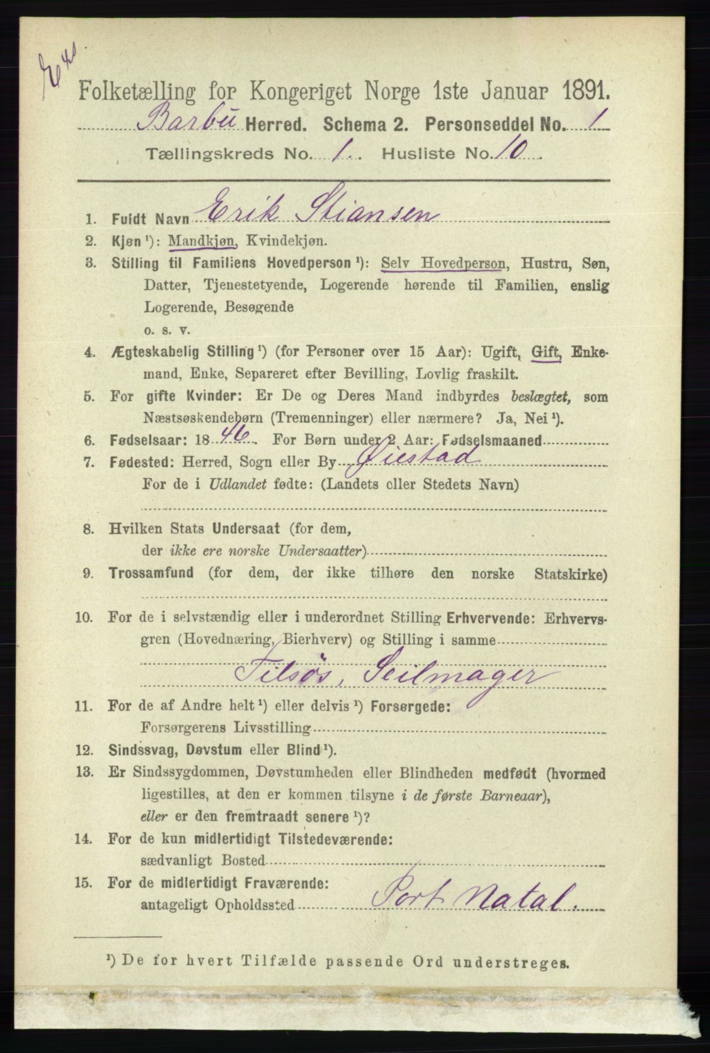 RA, Census 1891 for Nedenes amt: Gjenparter av personsedler for beslektede ektefeller, menn, 1891, p. 503