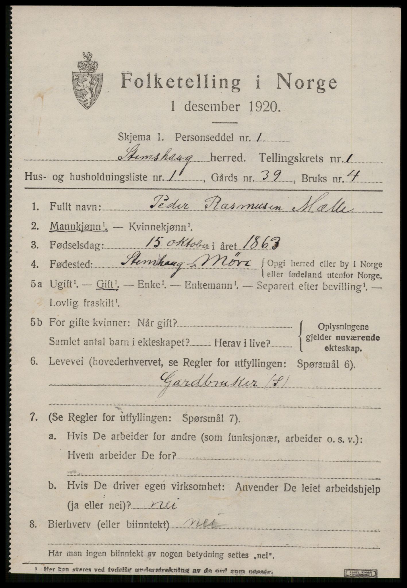 SAT, 1920 census for Stemshaug, 1920, p. 324