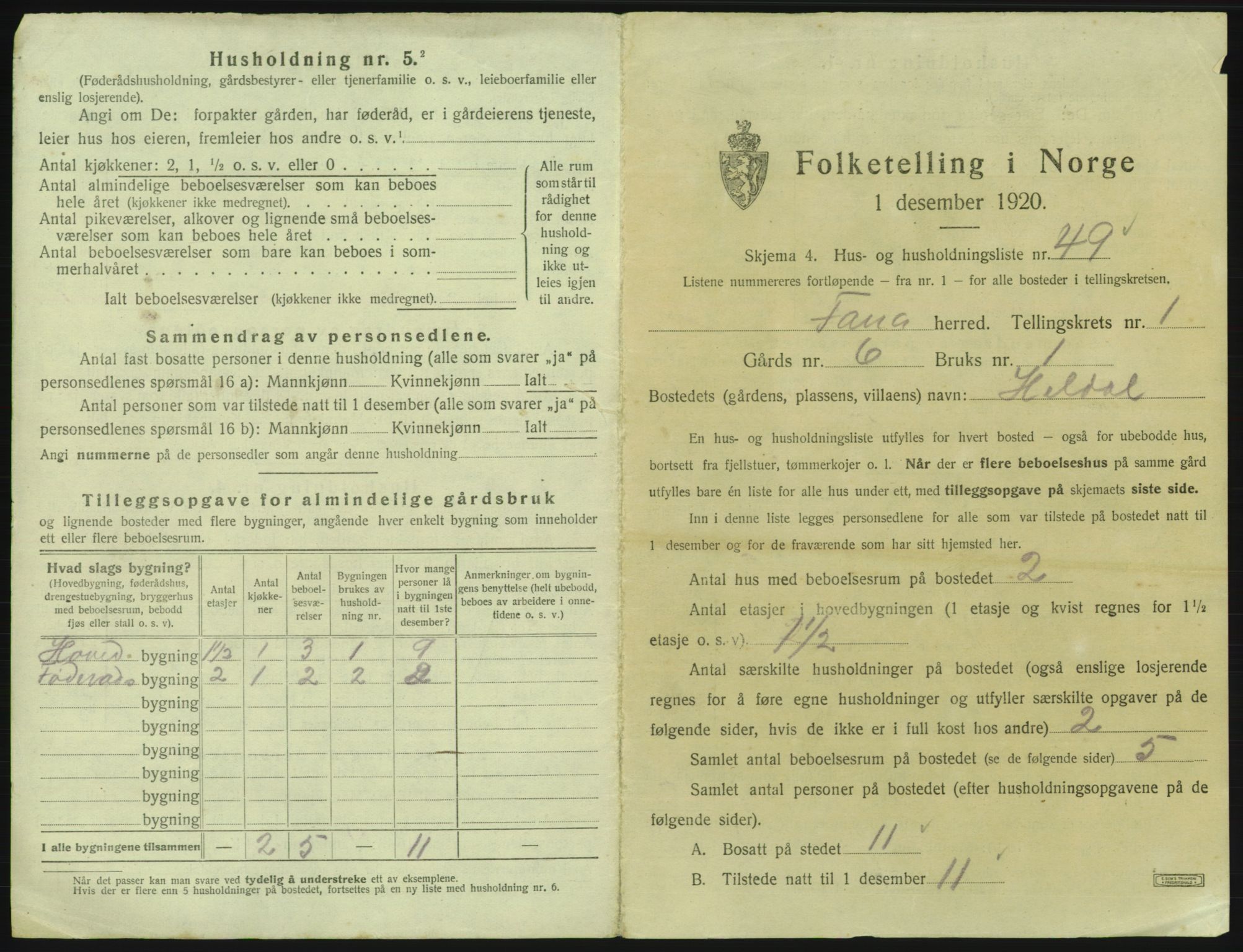 SAB, 1920 census for Fana, 1920, p. 190