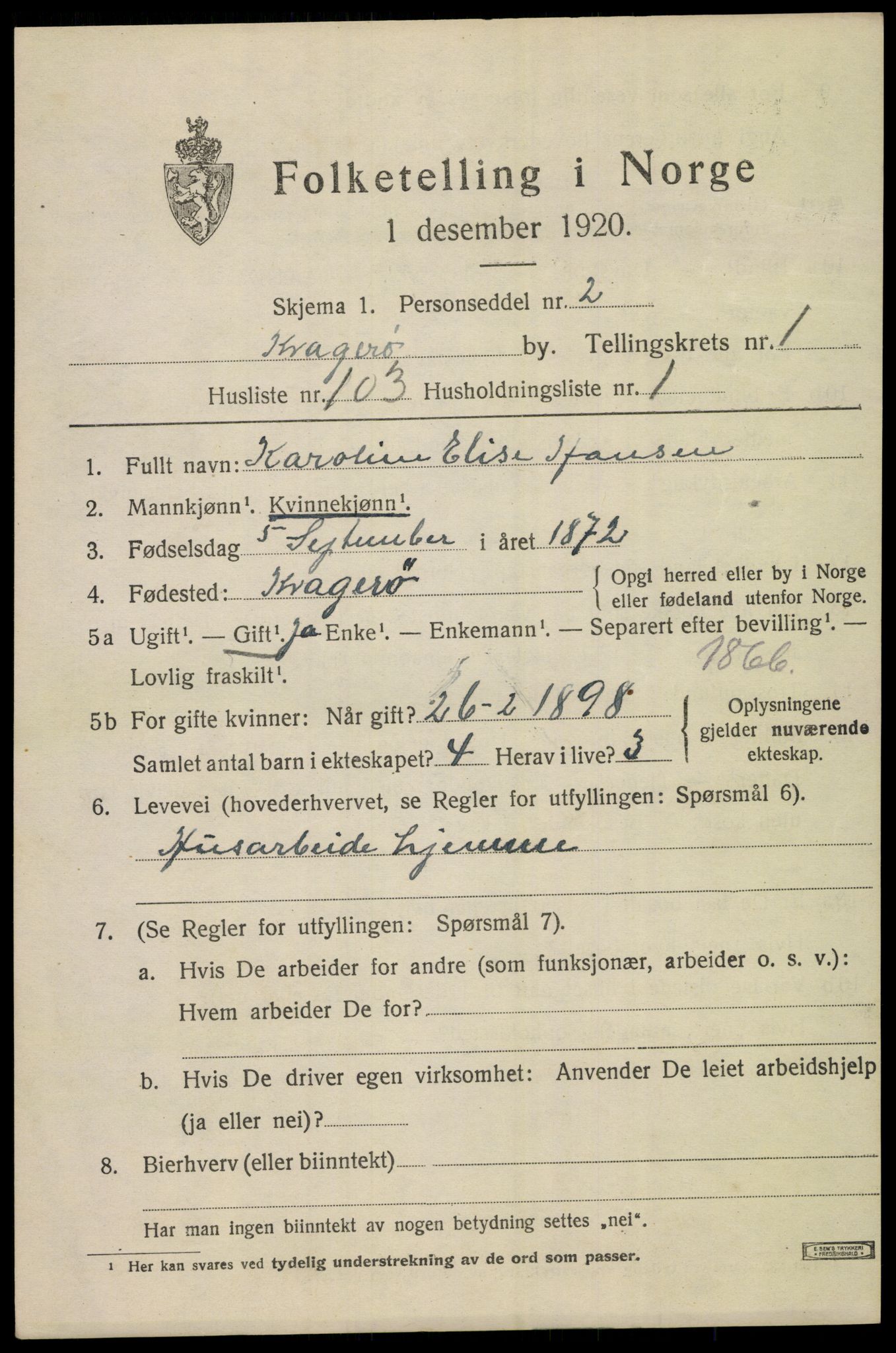 SAKO, 1920 census for Kragerø, 1920, p. 5287