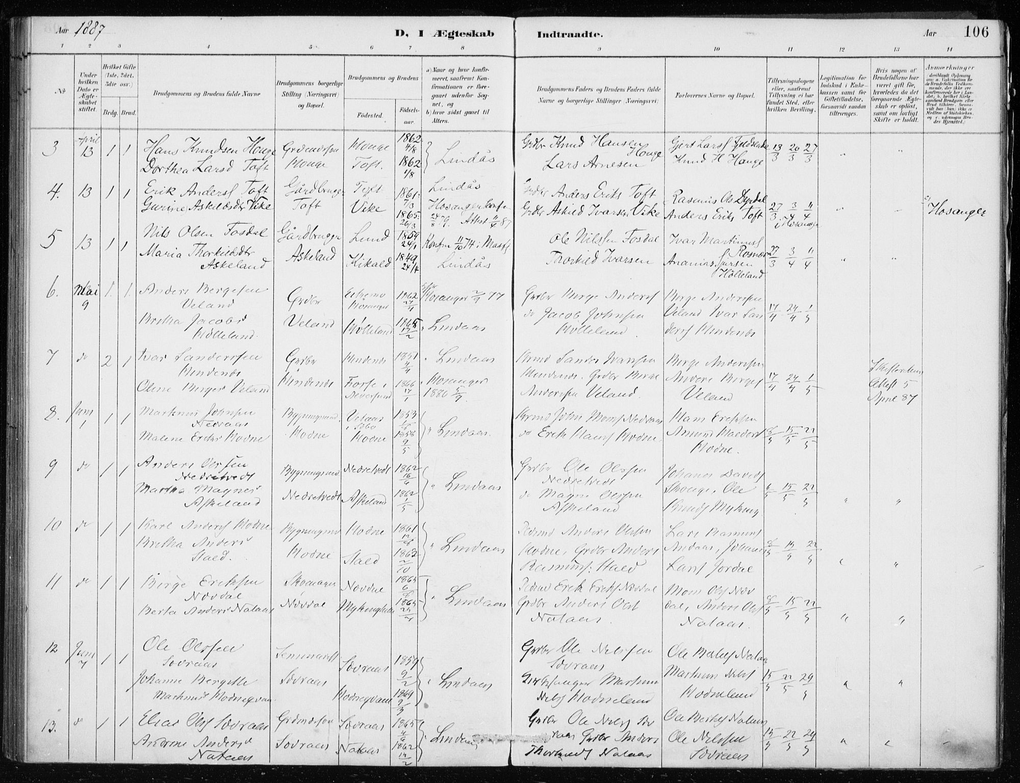 Lindås Sokneprestembete, SAB/A-76701/H/Haa: Parish register (official) no. F  1, 1886-1897, p. 106