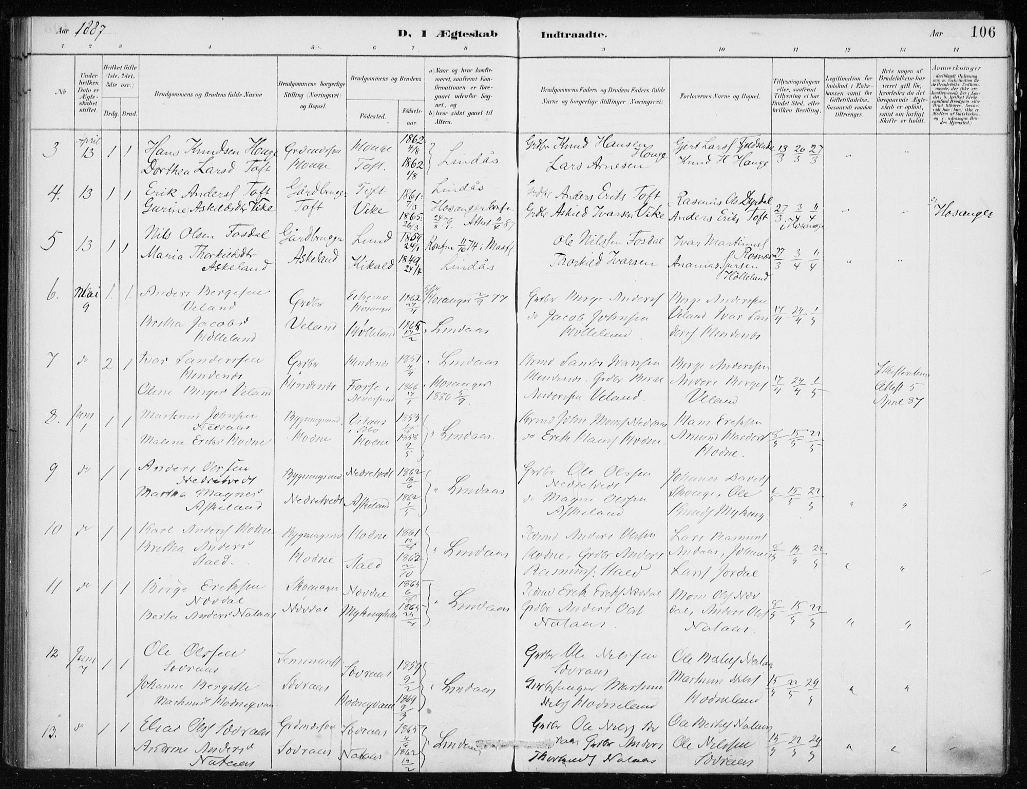 Lindås Sokneprestembete, AV/SAB-A-76701/H/Haa/Haaf/L0001: Parish register (official) no. F  1, 1886-1897, p. 106