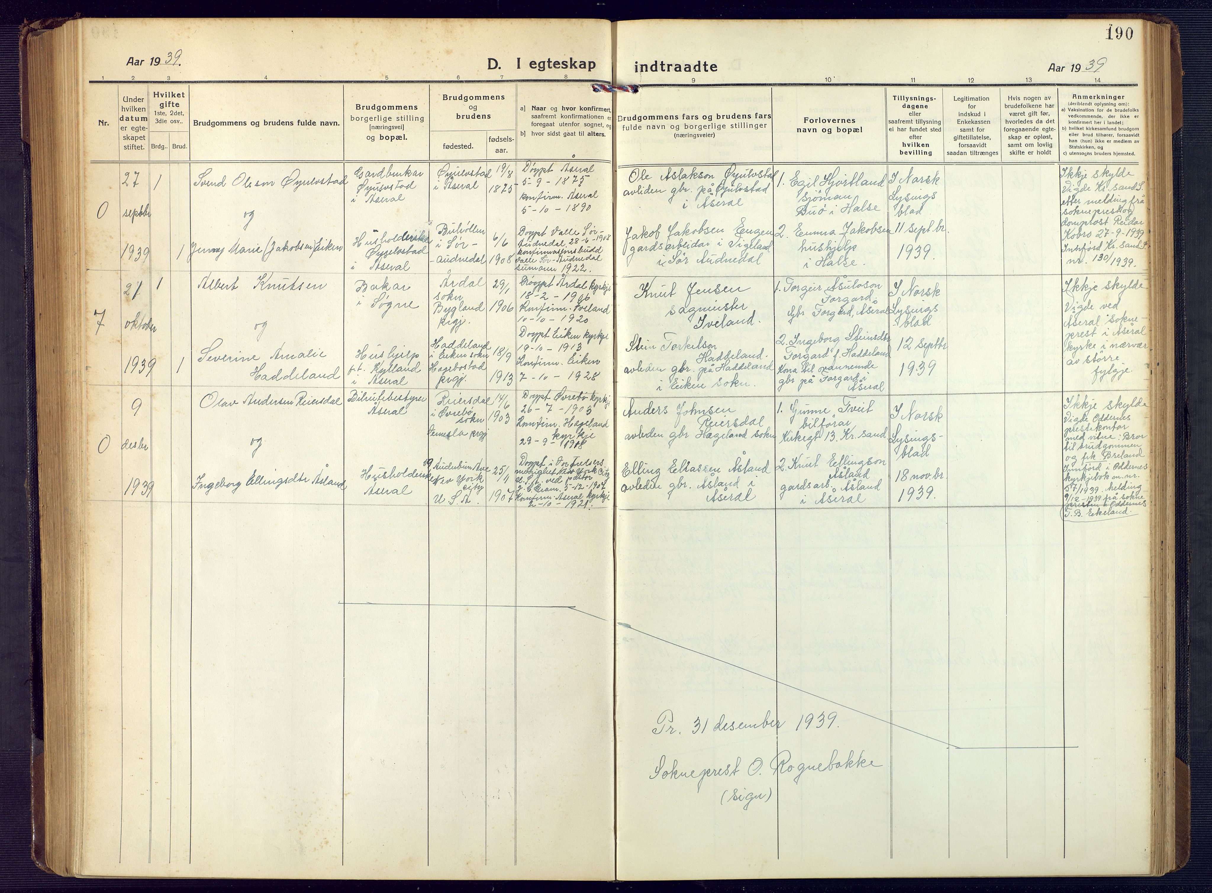 Åseral sokneprestkontor, SAK/1111-0051/F/Fb/L0004: Parish register (copy) no. B 4, 1920-1946, p. 190