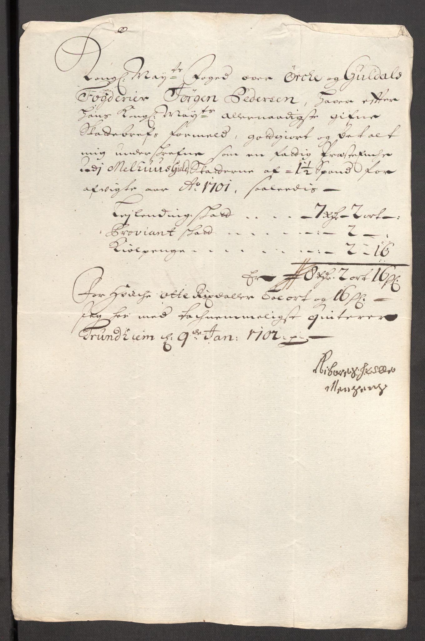 Rentekammeret inntil 1814, Reviderte regnskaper, Fogderegnskap, RA/EA-4092/R60/L3951: Fogderegnskap Orkdal og Gauldal, 1701, p. 281