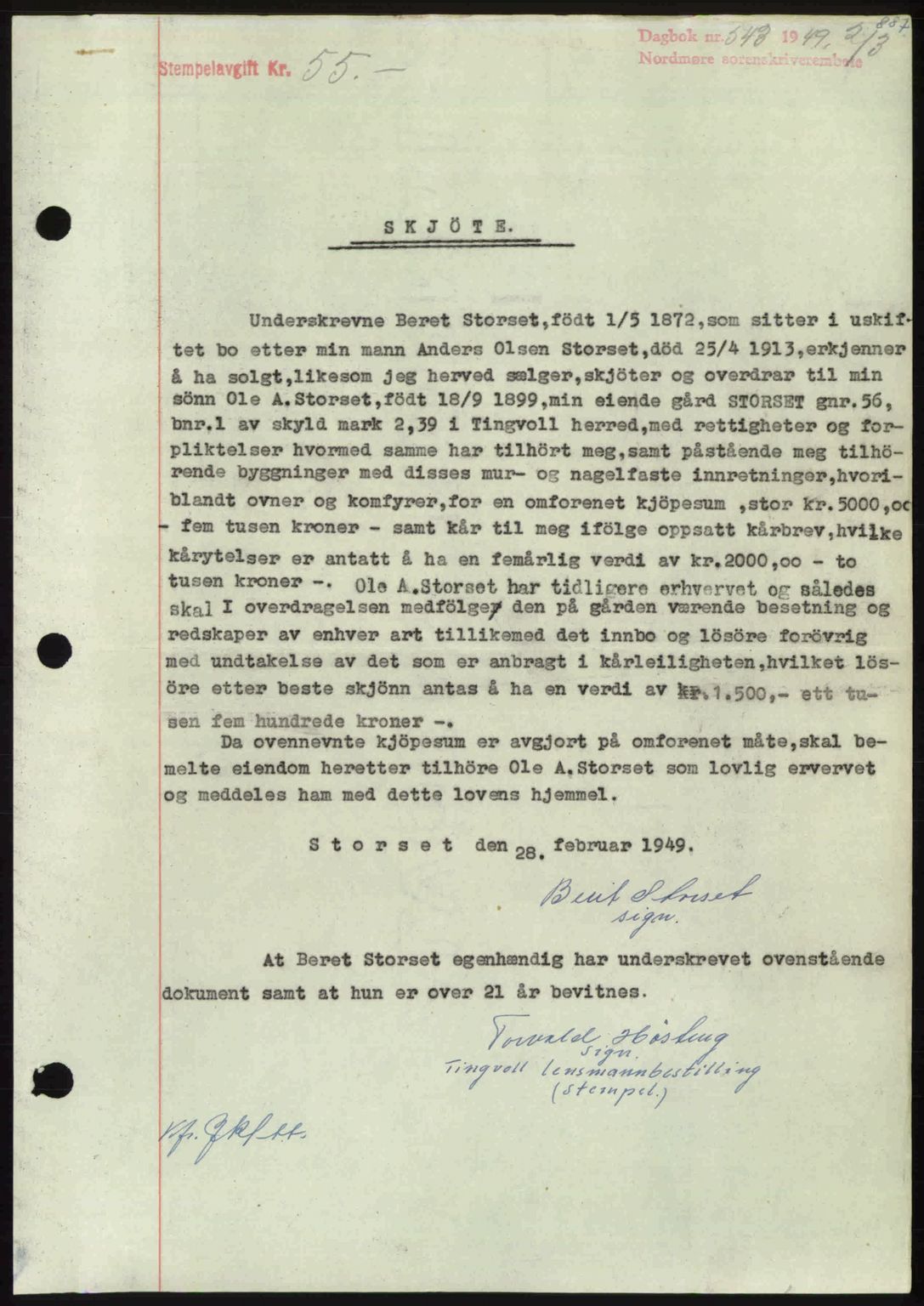 Nordmøre sorenskriveri, AV/SAT-A-4132/1/2/2Ca: Mortgage book no. A110, 1948-1949, Diary no: : 543/1949