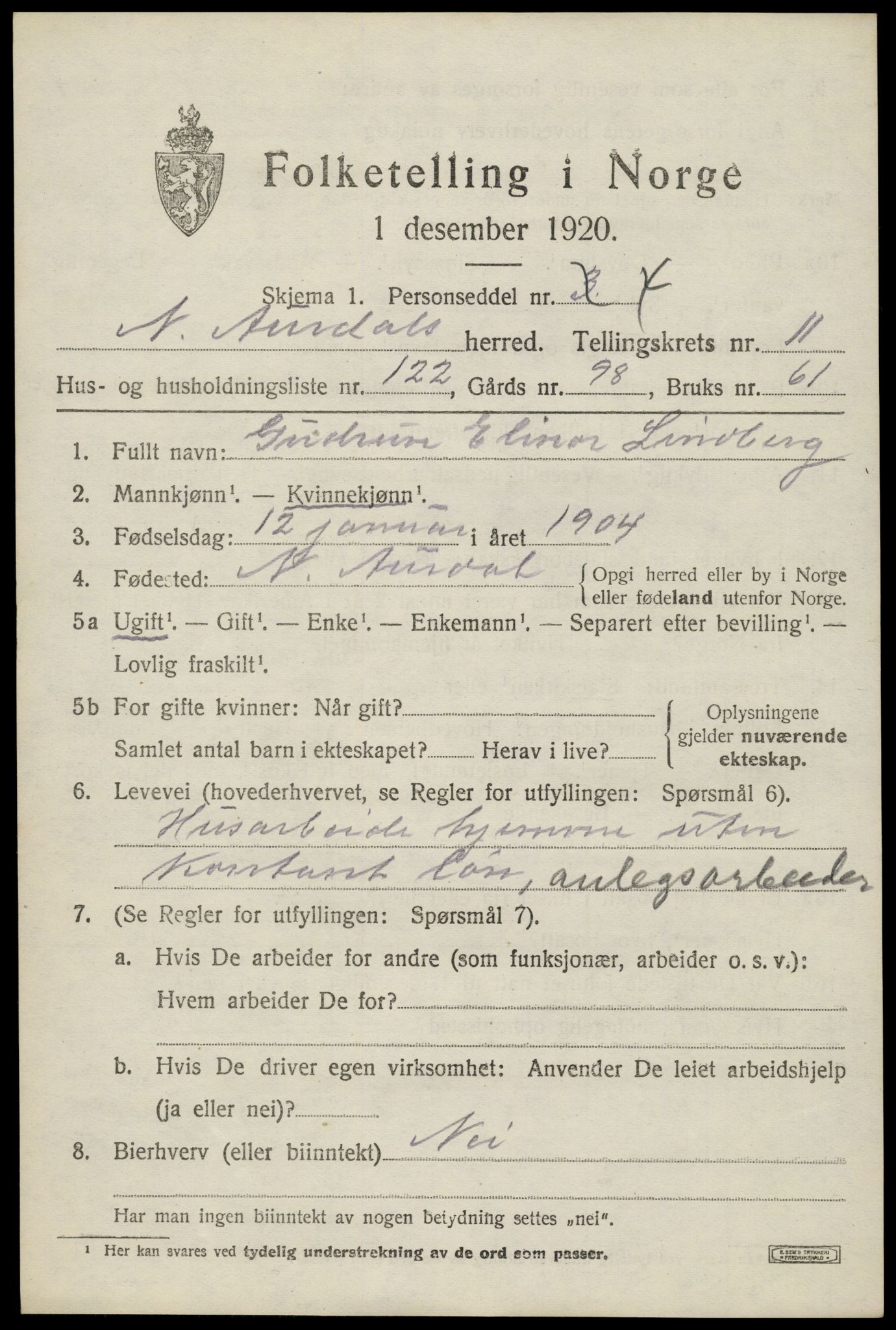 SAH, 1920 census for Nord-Aurdal, 1920, p. 9872