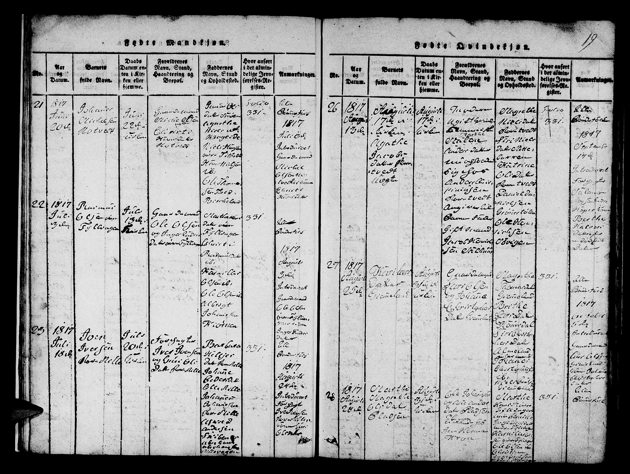 Fana Sokneprestembete, AV/SAB-A-75101/H/Hab/Haba/L0001: Parish register (copy) no. A 1, 1816-1836, p. 19