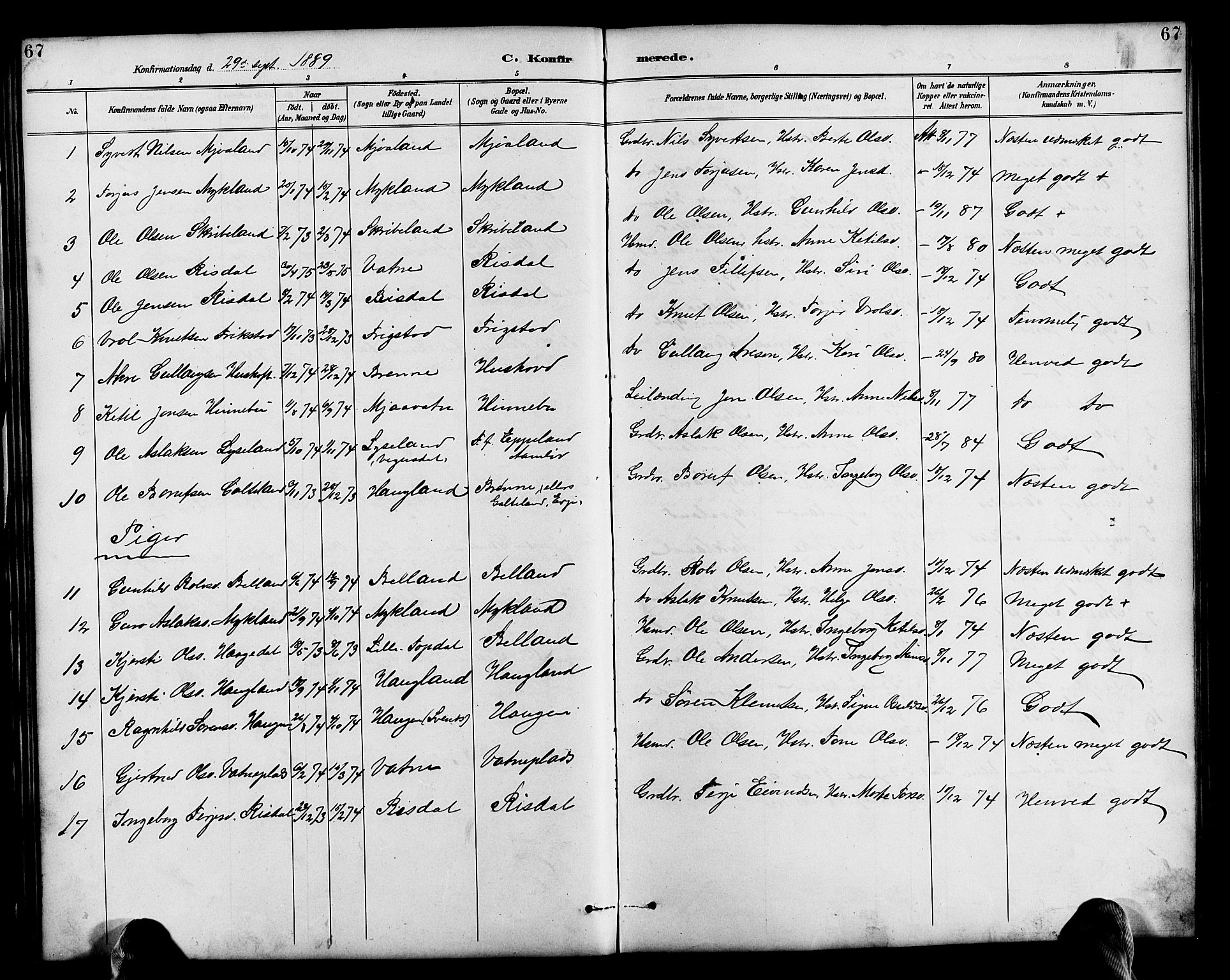 Herefoss sokneprestkontor, AV/SAK-1111-0019/F/Fb/Fbc/L0003: Parish register (copy) no. B 3, 1887-1915, p. 67