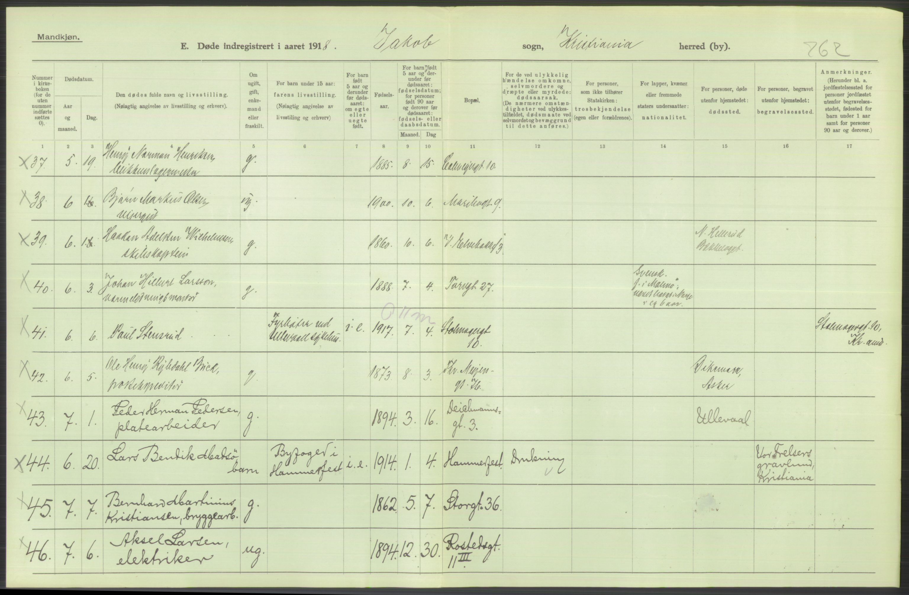 Statistisk sentralbyrå, Sosiodemografiske emner, Befolkning, RA/S-2228/D/Df/Dfb/Dfbh/L0010: Kristiania: Døde, 1918, p. 786