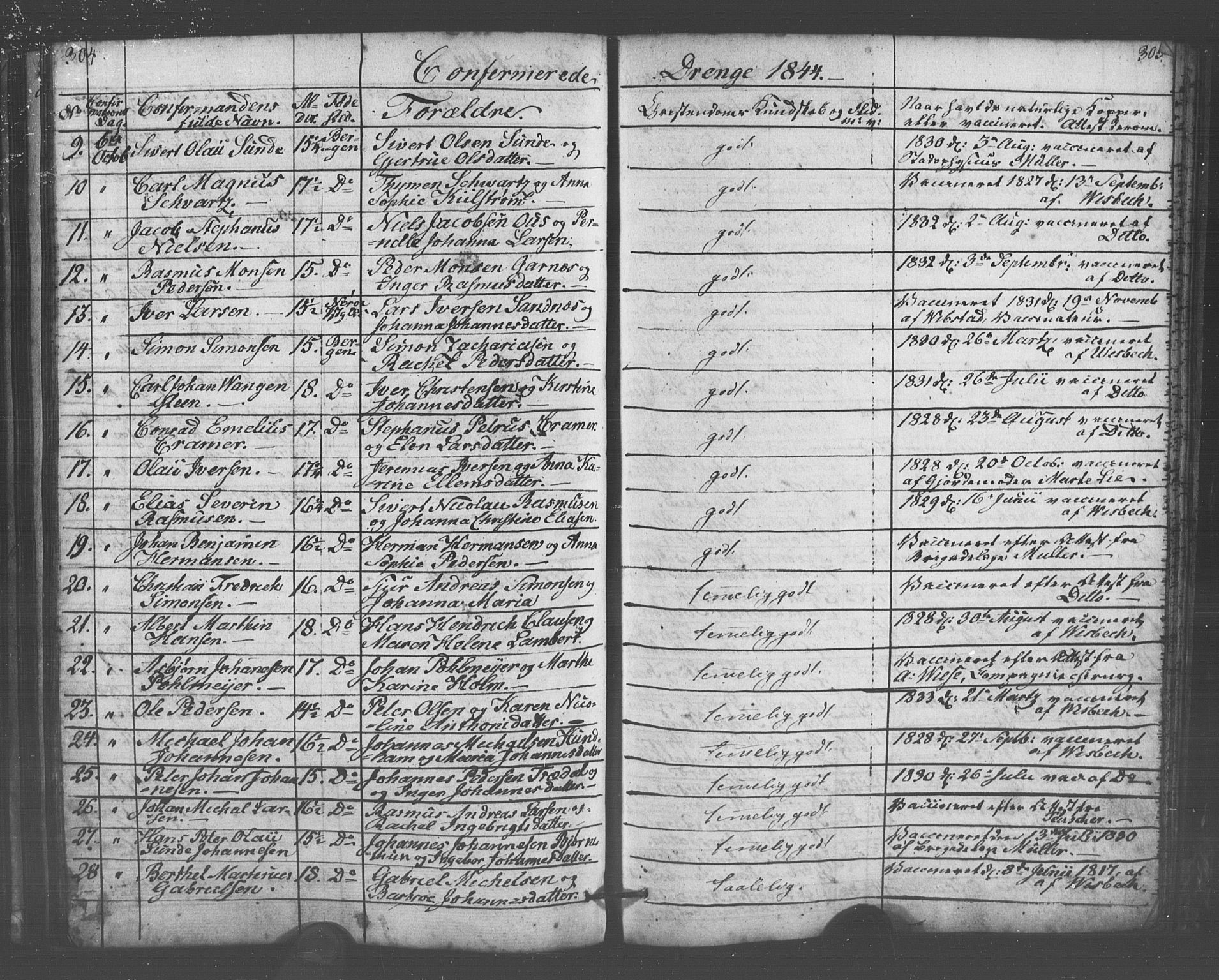 Domkirken sokneprestembete, SAB/A-74801/H/Haa/L0063: Curate's parish register no. A 1, 1821-1848, p. 304-305