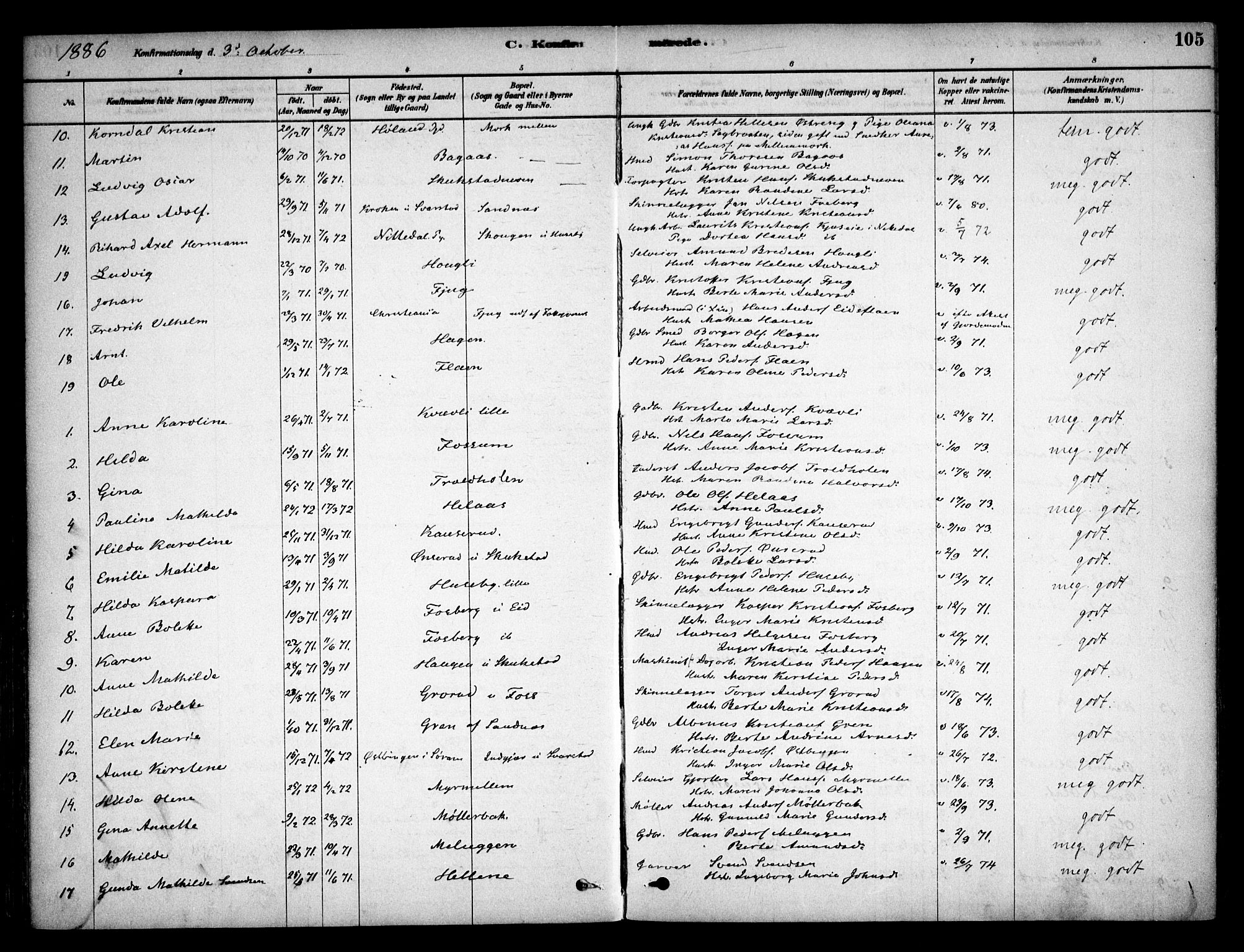 Aurskog prestekontor Kirkebøker, AV/SAO-A-10304a/F/Fb/L0001: Parish register (official) no. II 1, 1878-1909, p. 105