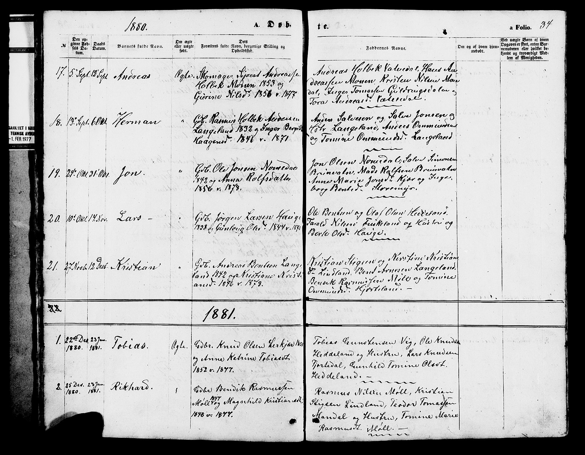 Holum sokneprestkontor, SAK/1111-0022/F/Fb/Fba/L0004: Parish register (copy) no. B 4, 1867-1890, p. 34