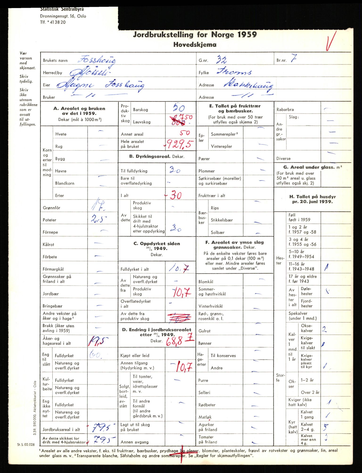 Statistisk sentralbyrå, Næringsøkonomiske emner, Jordbruk, skogbruk, jakt, fiske og fangst, AV/RA-S-2234/G/Gd/L0655: Troms: 1924 Målselv (kl. 4-10), 1959, p. 1092