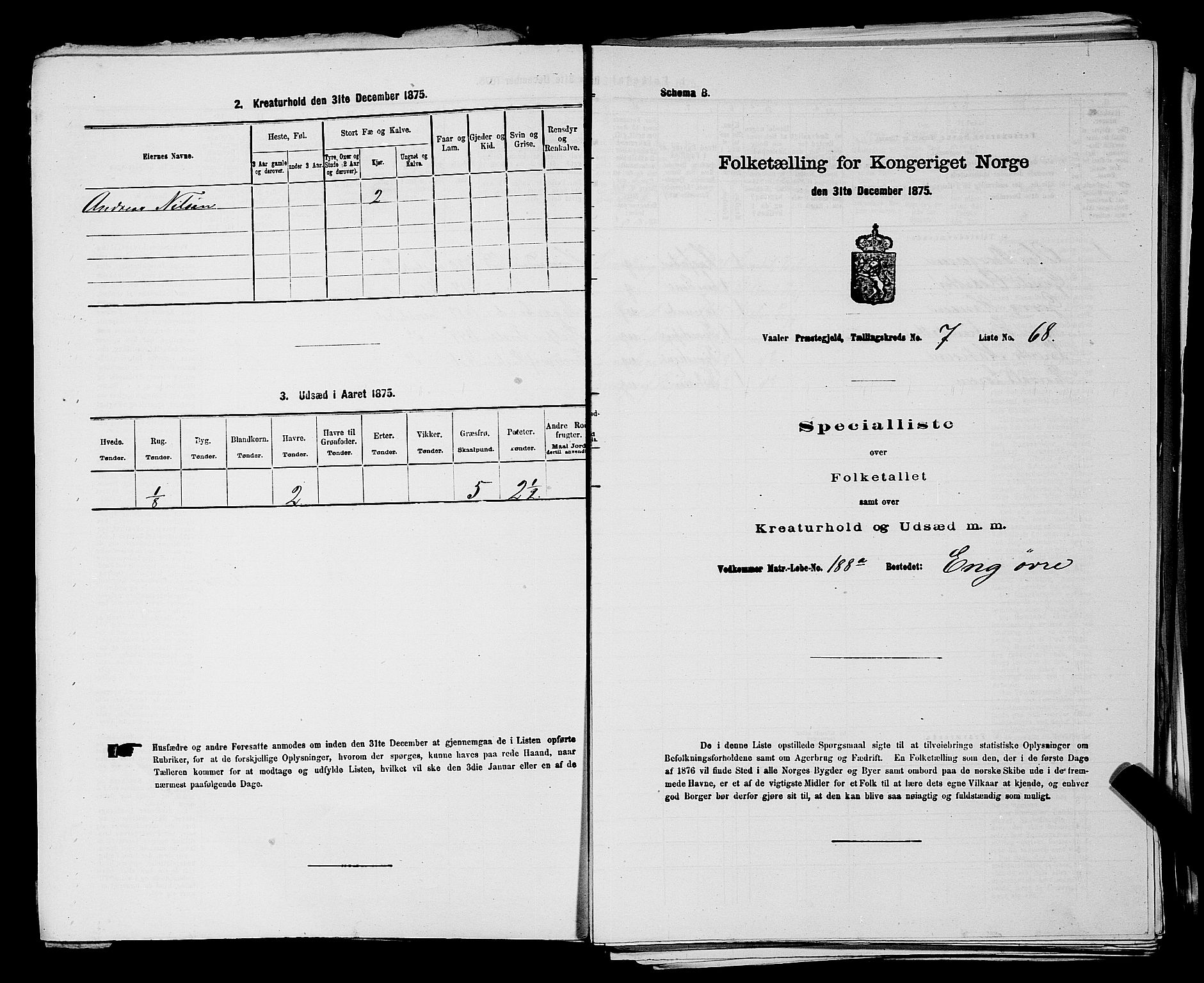 RA, 1875 census for 0137P Våler, 1875, p. 868