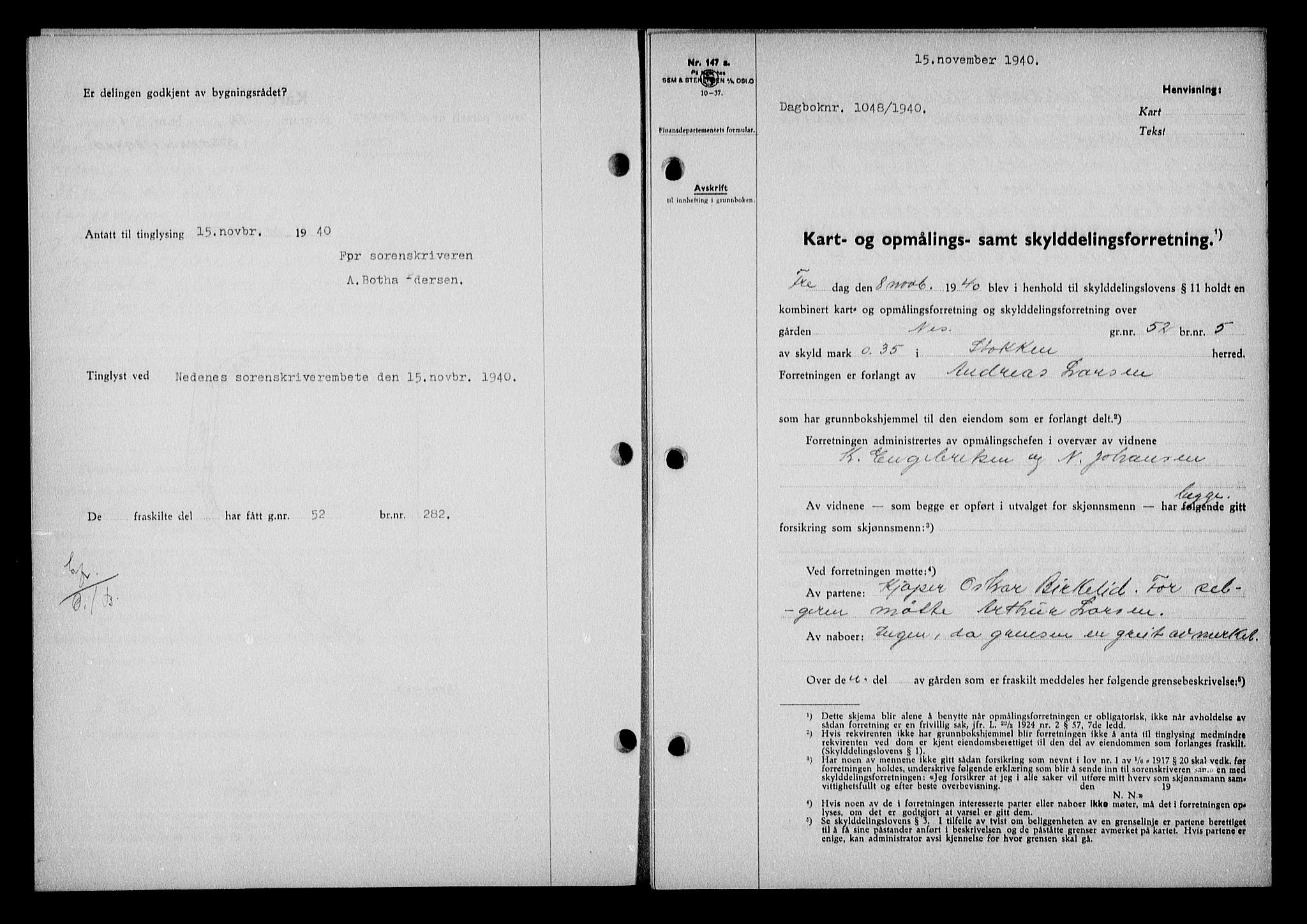 Nedenes sorenskriveri, SAK/1221-0006/G/Gb/Gba/L0048: Mortgage book no. A-II, 1940-1941, Diary no: : 1048/1940