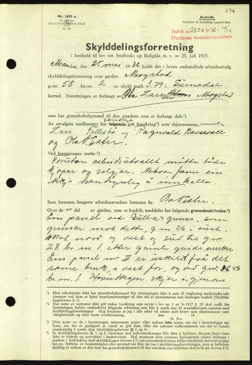 Nordmøre sorenskriveri, AV/SAT-A-4132/1/2/2Ca: Mortgage book no. A80, 1936-1937, Diary no: : 2805/1936