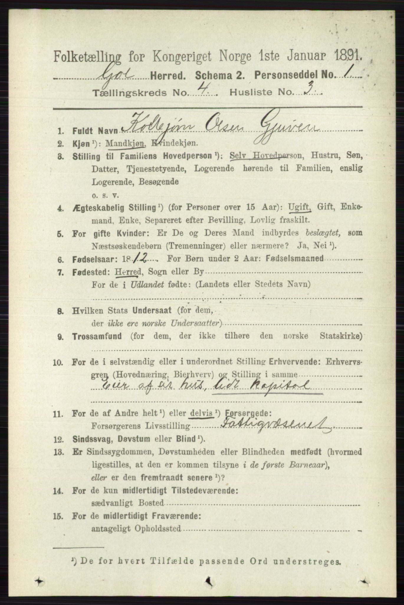 RA, 1891 census for 0617 Gol og Hemsedal, 1891, p. 1829