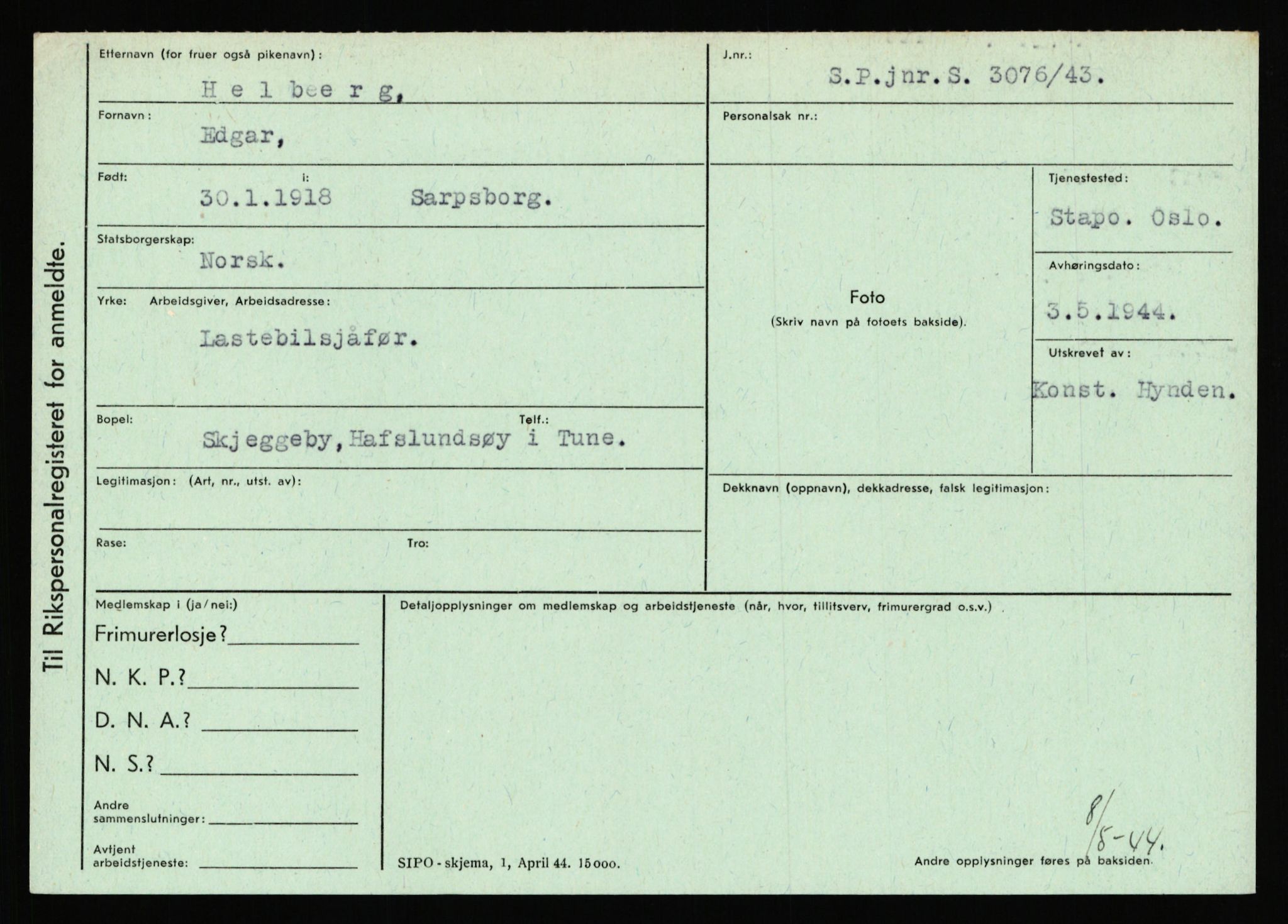 Statspolitiet - Hovedkontoret / Osloavdelingen, AV/RA-S-1329/C/Ca/L0006: Hanche - Hokstvedt, 1943-1945, p. 3200