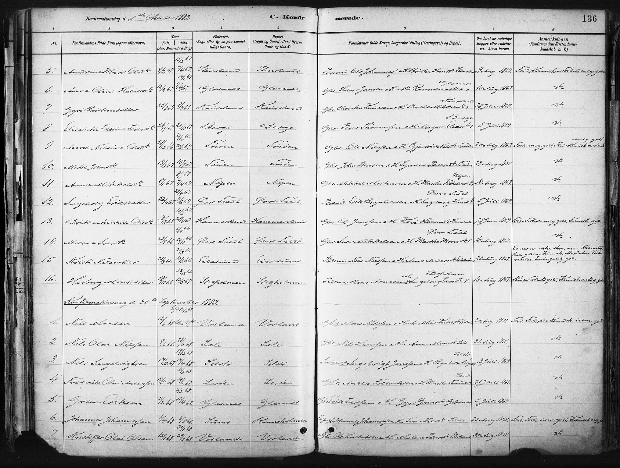 Sund sokneprestembete, SAB/A-99930: Parish register (official) no. B 1, 1882-1907, p. 136