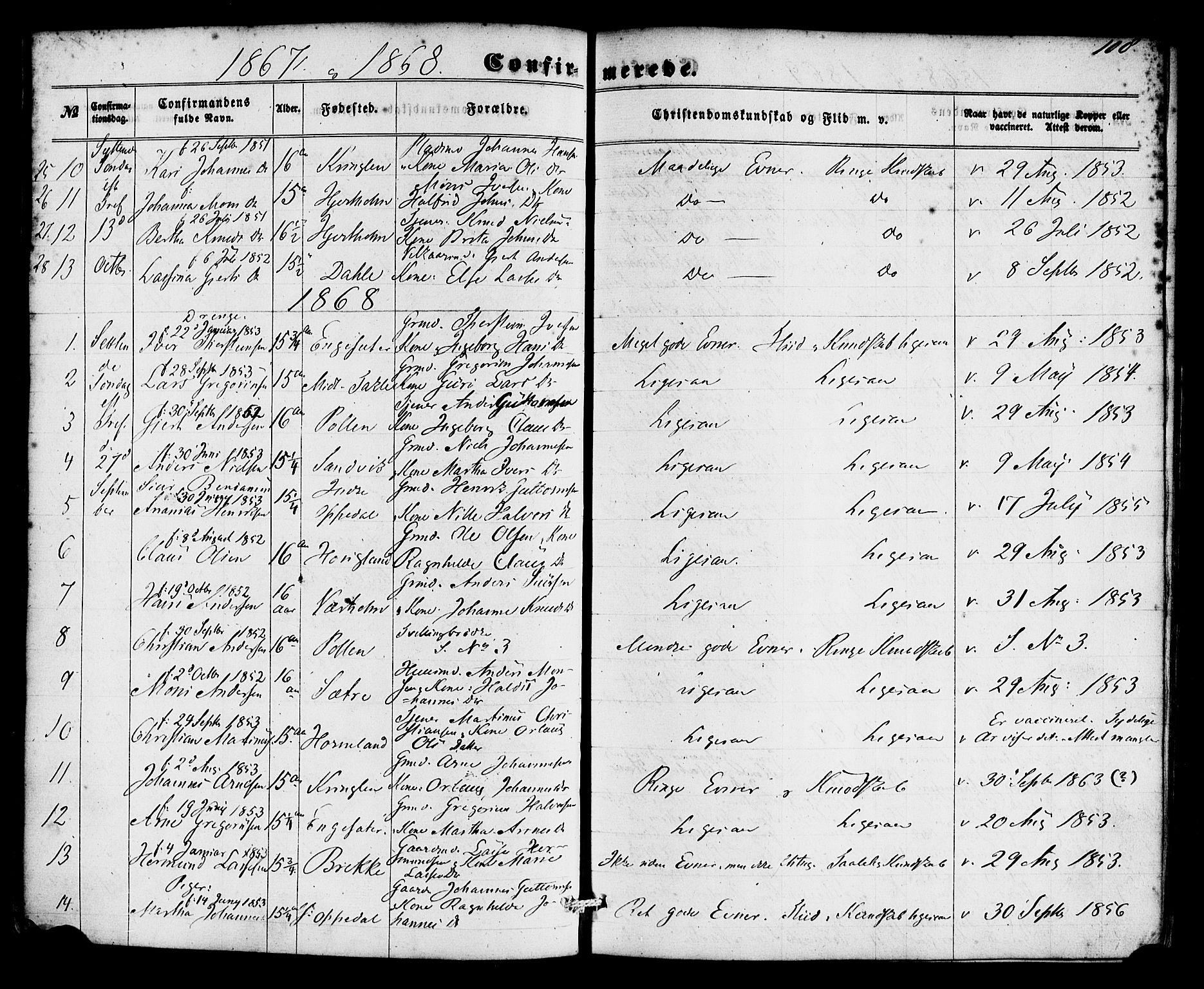 Gulen sokneprestembete, SAB/A-80201/H/Haa/Haac/L0001: Parish register (official) no. C 1, 1859-1881, p. 108