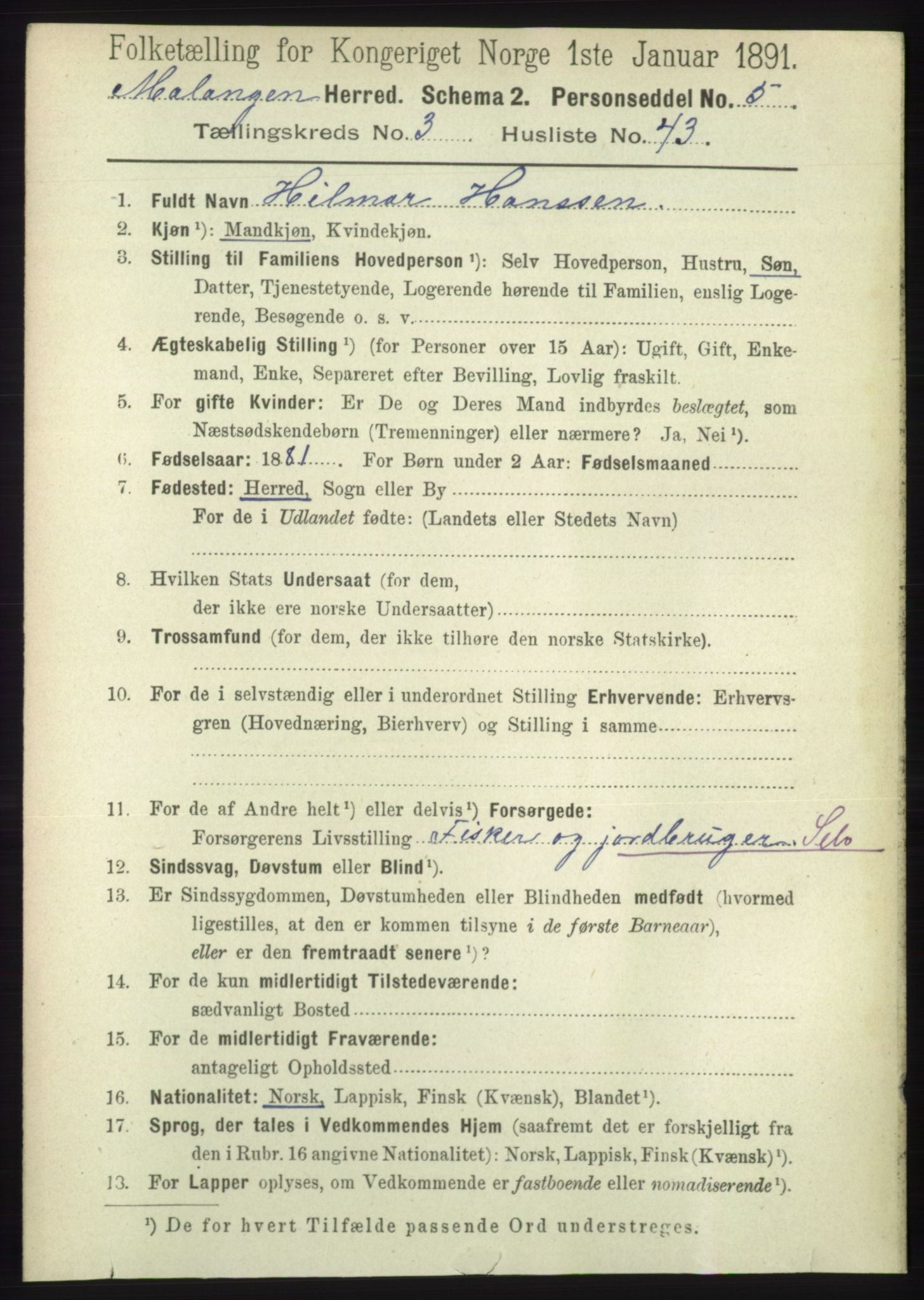 RA, 1891 census for 1932 Malangen, 1891, p. 1031