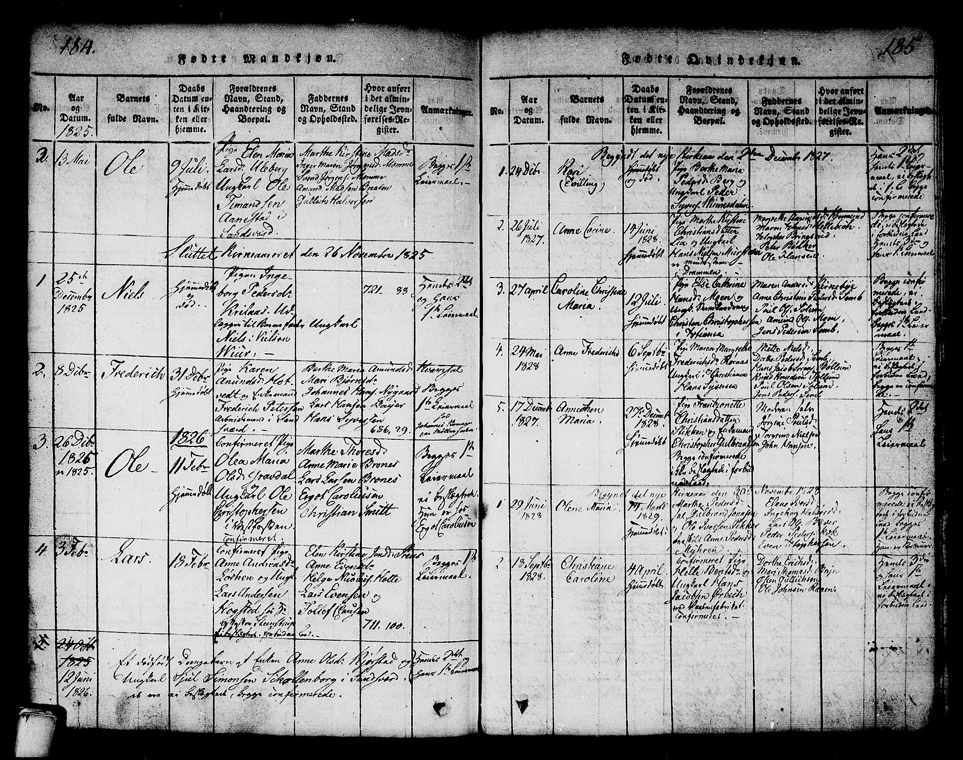 Kongsberg kirkebøker, SAKO/A-22/G/Ga/L0001: Parish register (copy) no. 1, 1816-1839, p. 184-185