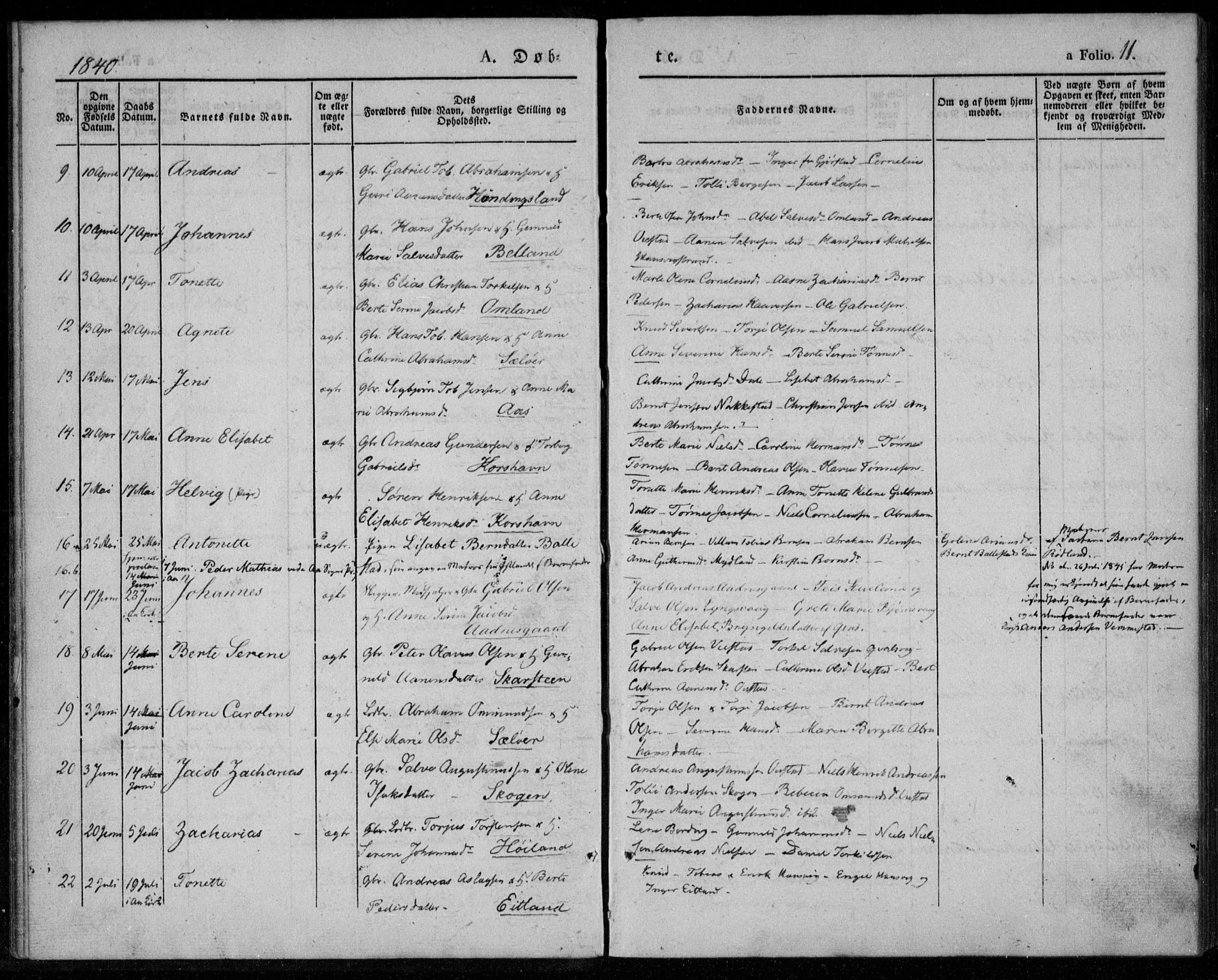 Lyngdal sokneprestkontor, AV/SAK-1111-0029/F/Fa/Faa/L0001: Parish register (official) no. A 1, 1837-1857, p. 11