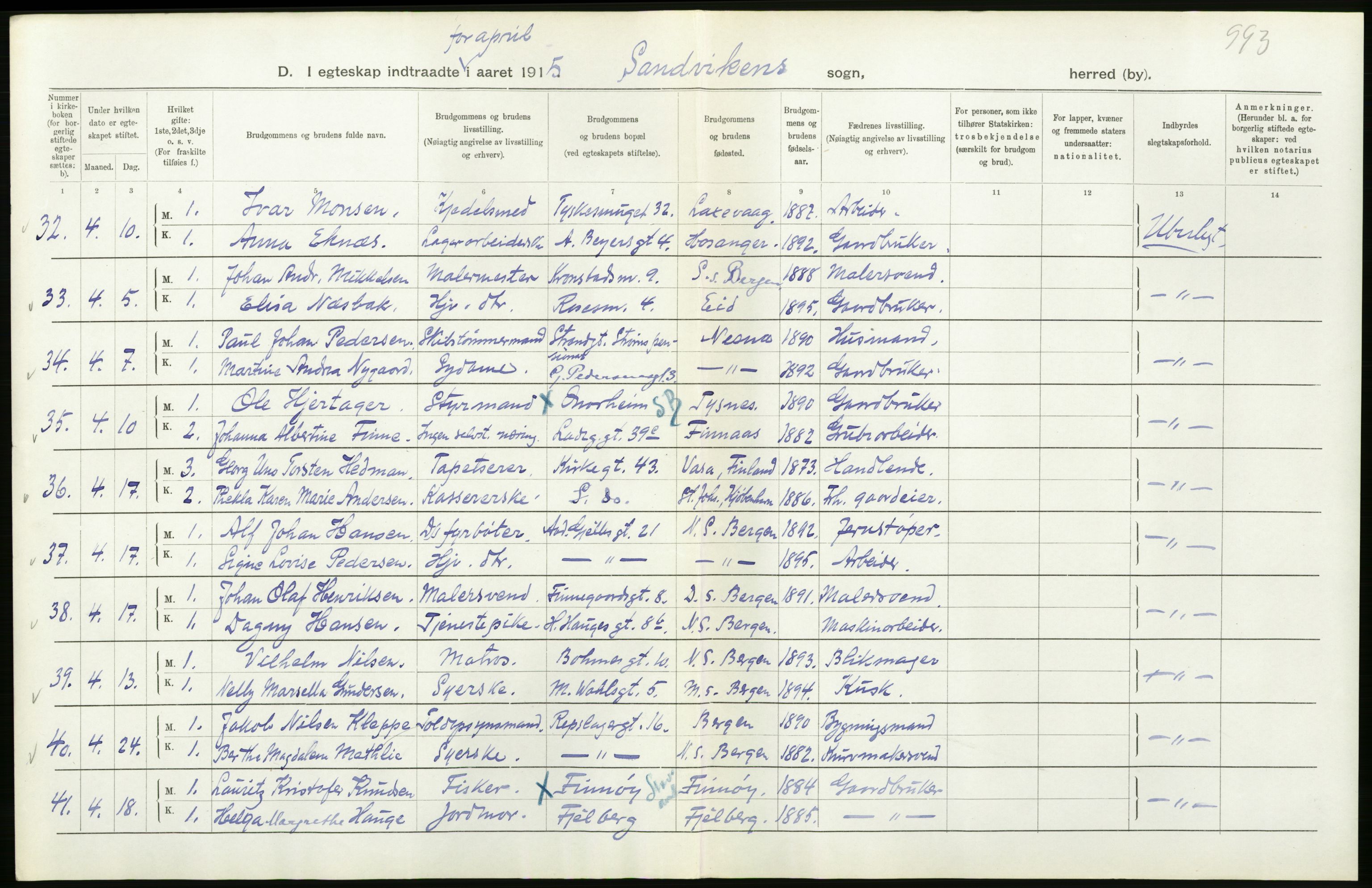 Statistisk sentralbyrå, Sosiodemografiske emner, Befolkning, AV/RA-S-2228/D/Df/Dfb/Dfbe/L0034: Bergen: Gifte, døde, dødfødte., 1915, p. 28