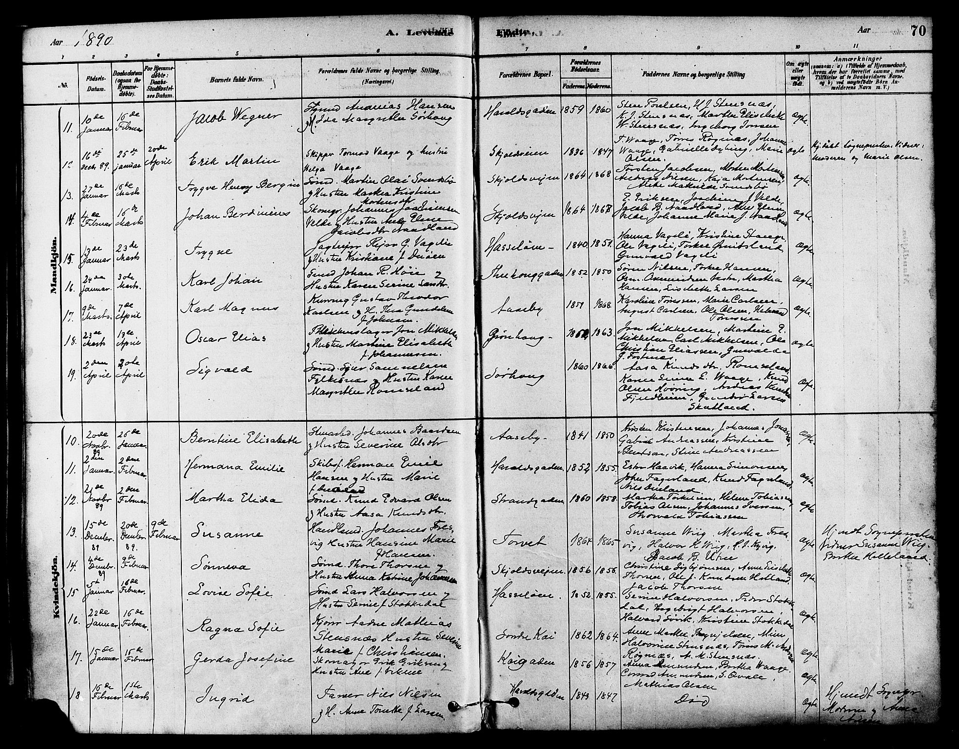 Haugesund sokneprestkontor, AV/SAST-A -101863/H/Ha/Haa/L0003: Parish register (official) no. A 3, 1885-1890, p. 70