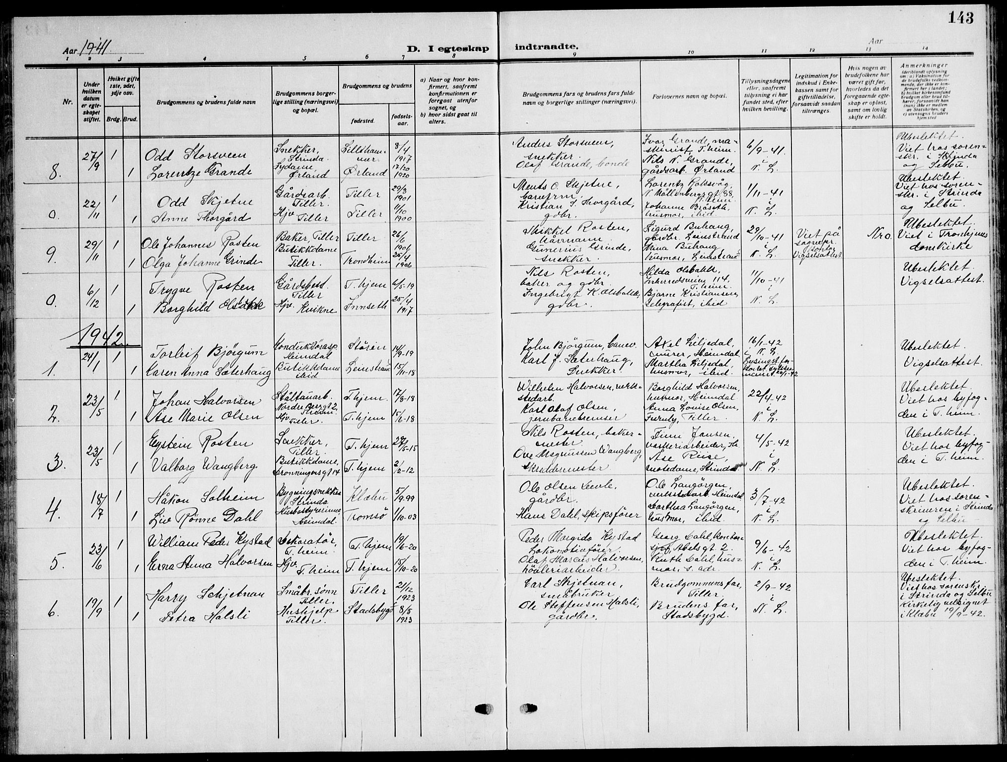 Ministerialprotokoller, klokkerbøker og fødselsregistre - Sør-Trøndelag, SAT/A-1456/621/L0462: Parish register (copy) no. 621C05, 1915-1945, p. 143