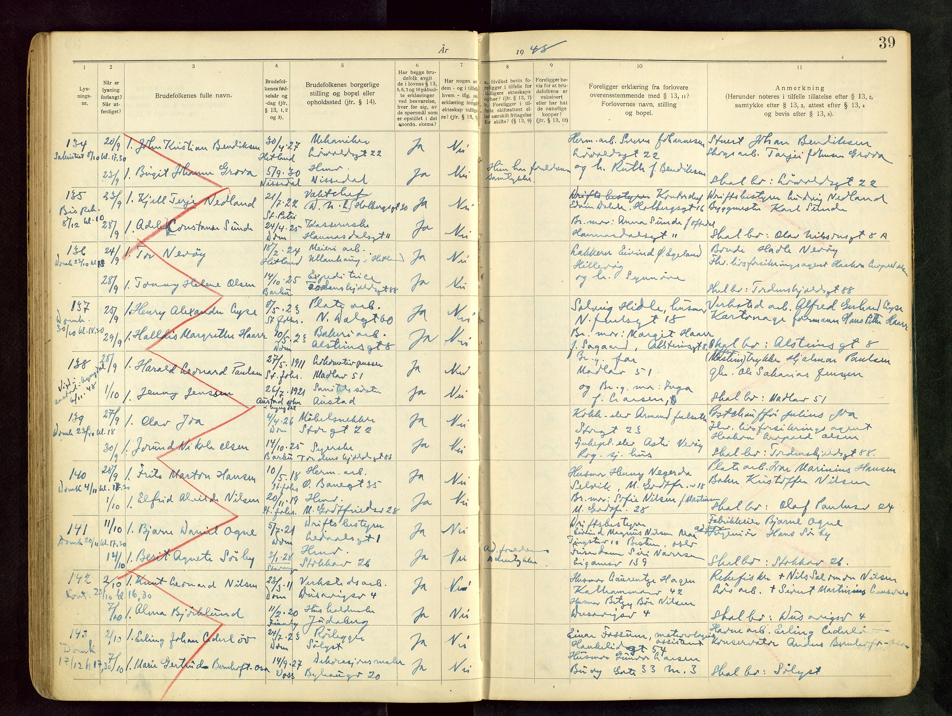 Domkirken sokneprestkontor, AV/SAST-A-101812/001/70/705BB/L0004: Banns register no. 4, 1943-1951, p. 39